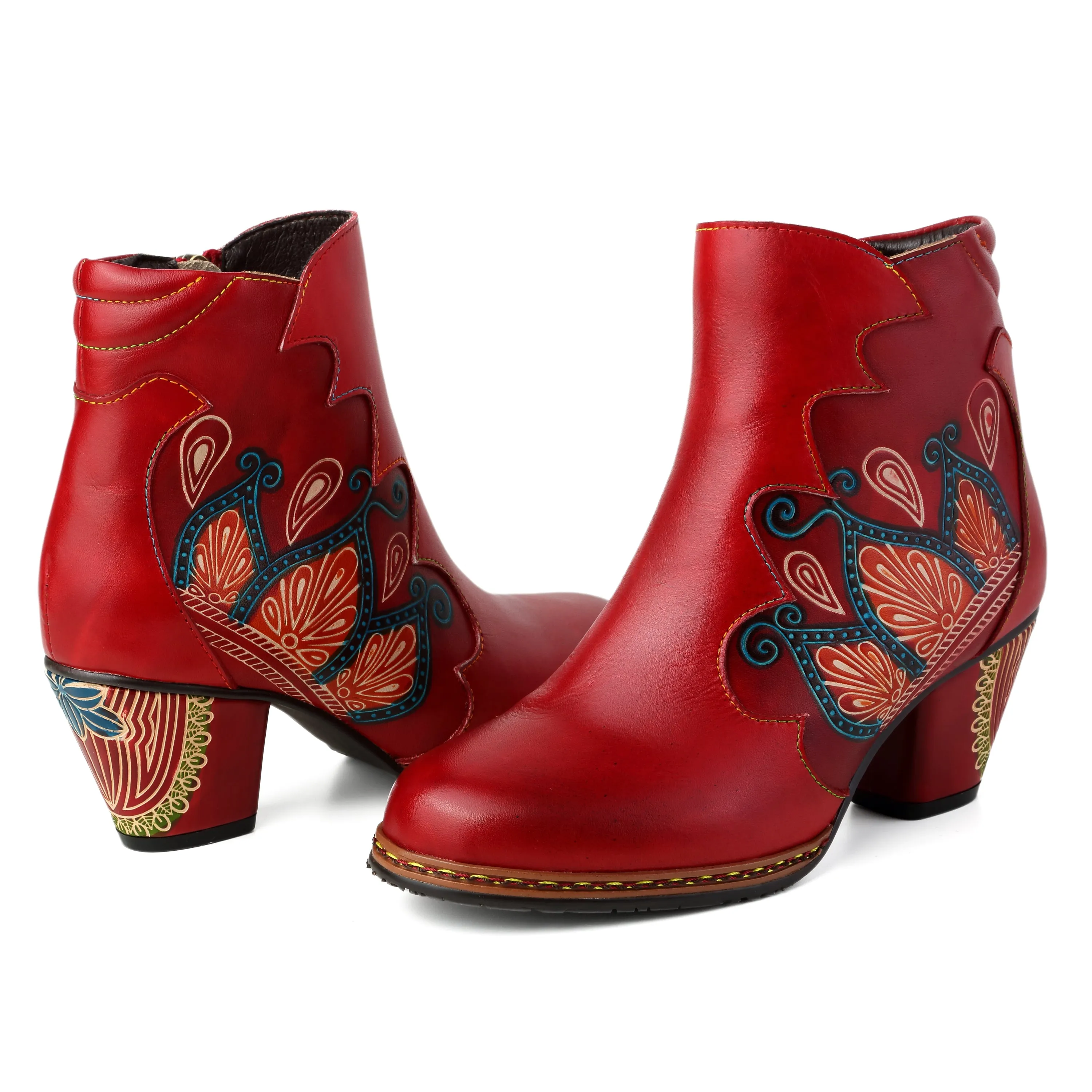 CrazycatZ Womens  Boots Floral Block Heel Leather Western Boots Colorful Leather Boots Red