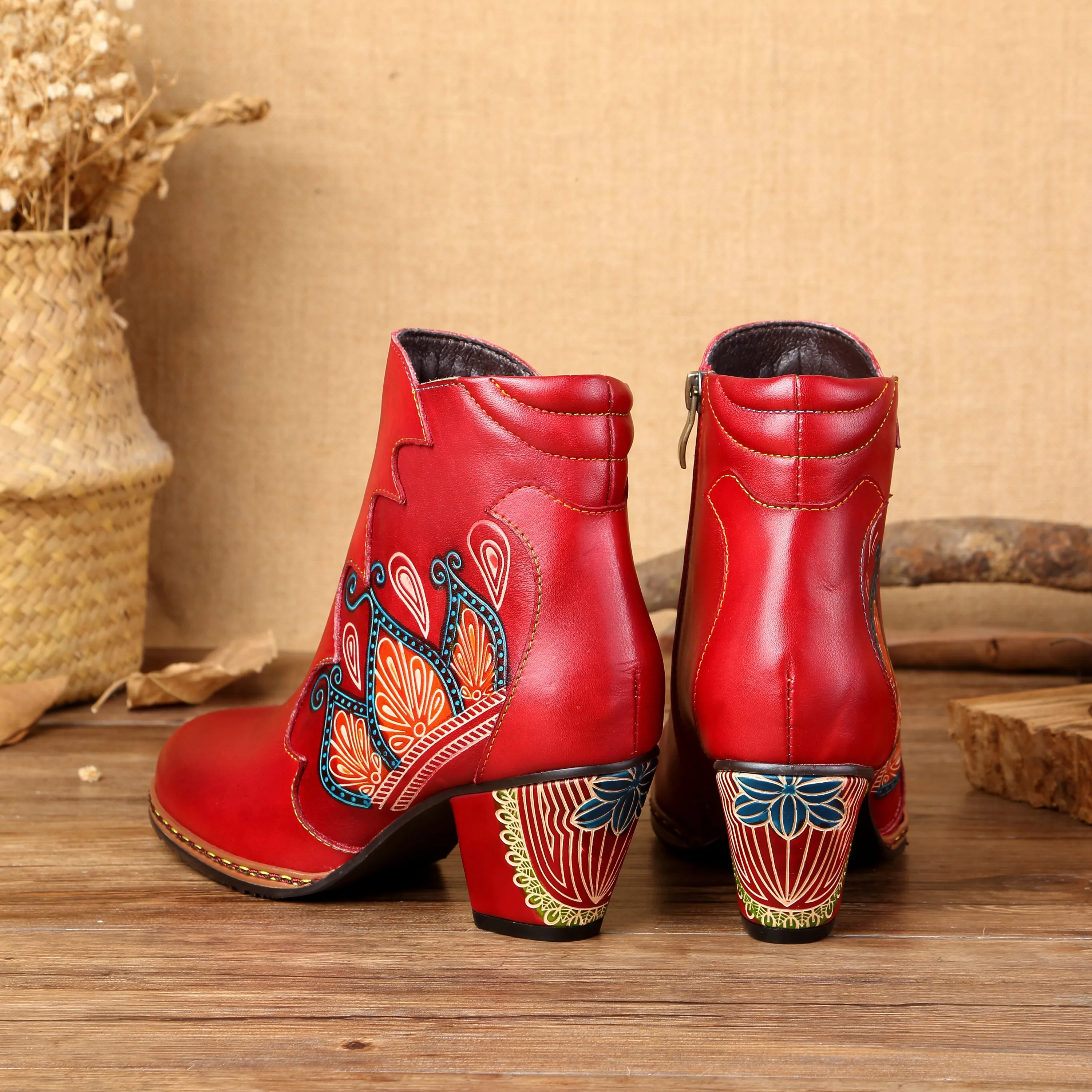 CrazycatZ Womens  Boots Floral Block Heel Leather Western Boots Colorful Leather Boots Red