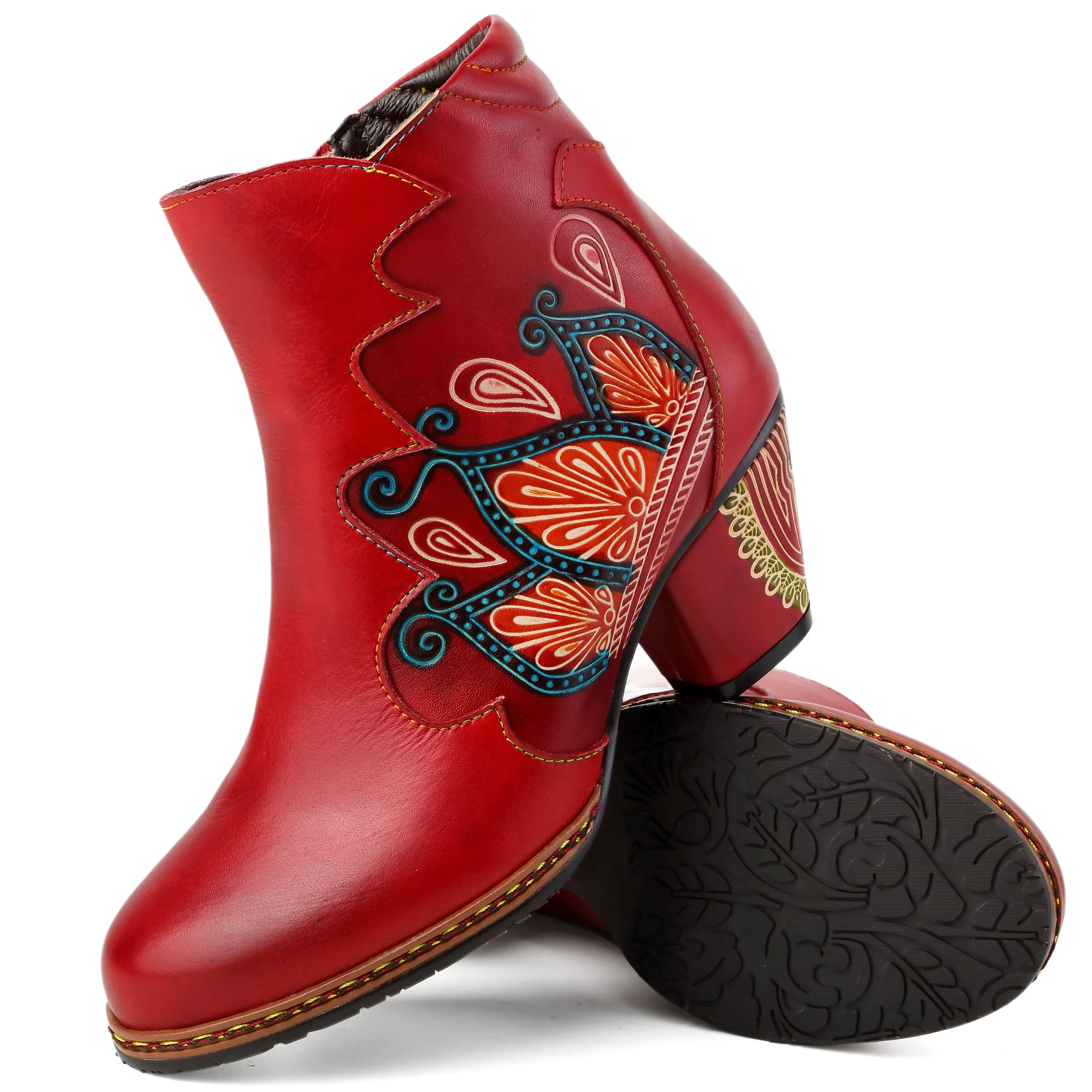 CrazycatZ Womens  Boots Floral Block Heel Leather Western Boots Colorful Leather Boots Red