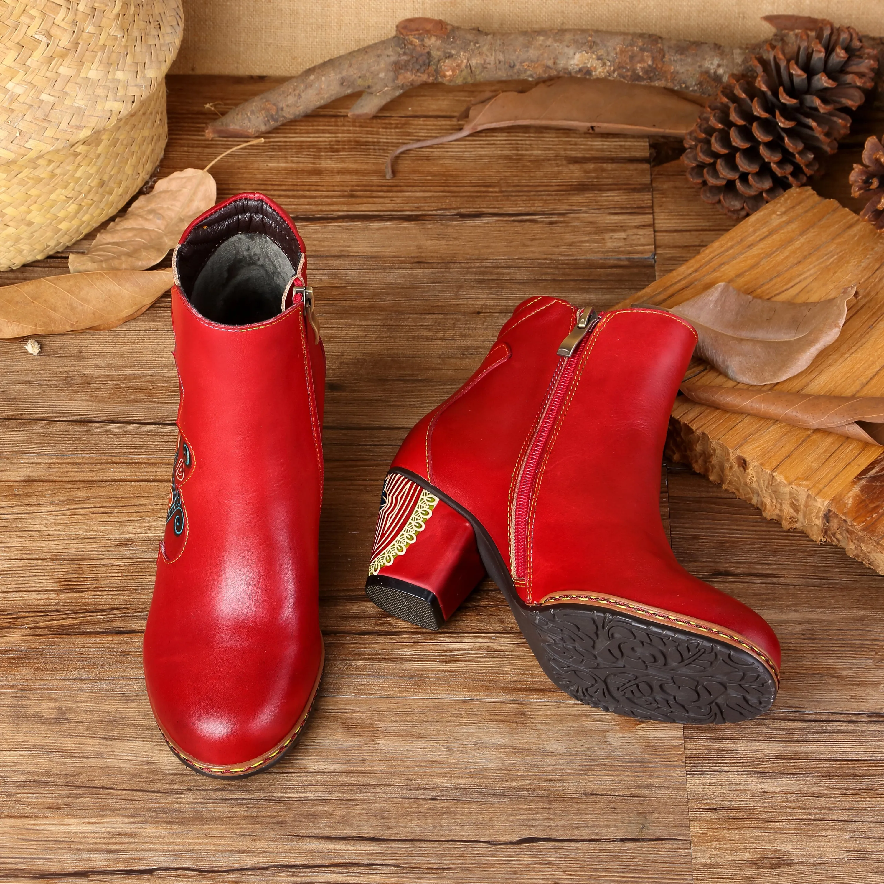 CrazycatZ Womens  Boots Floral Block Heel Leather Western Boots Colorful Leather Boots Red