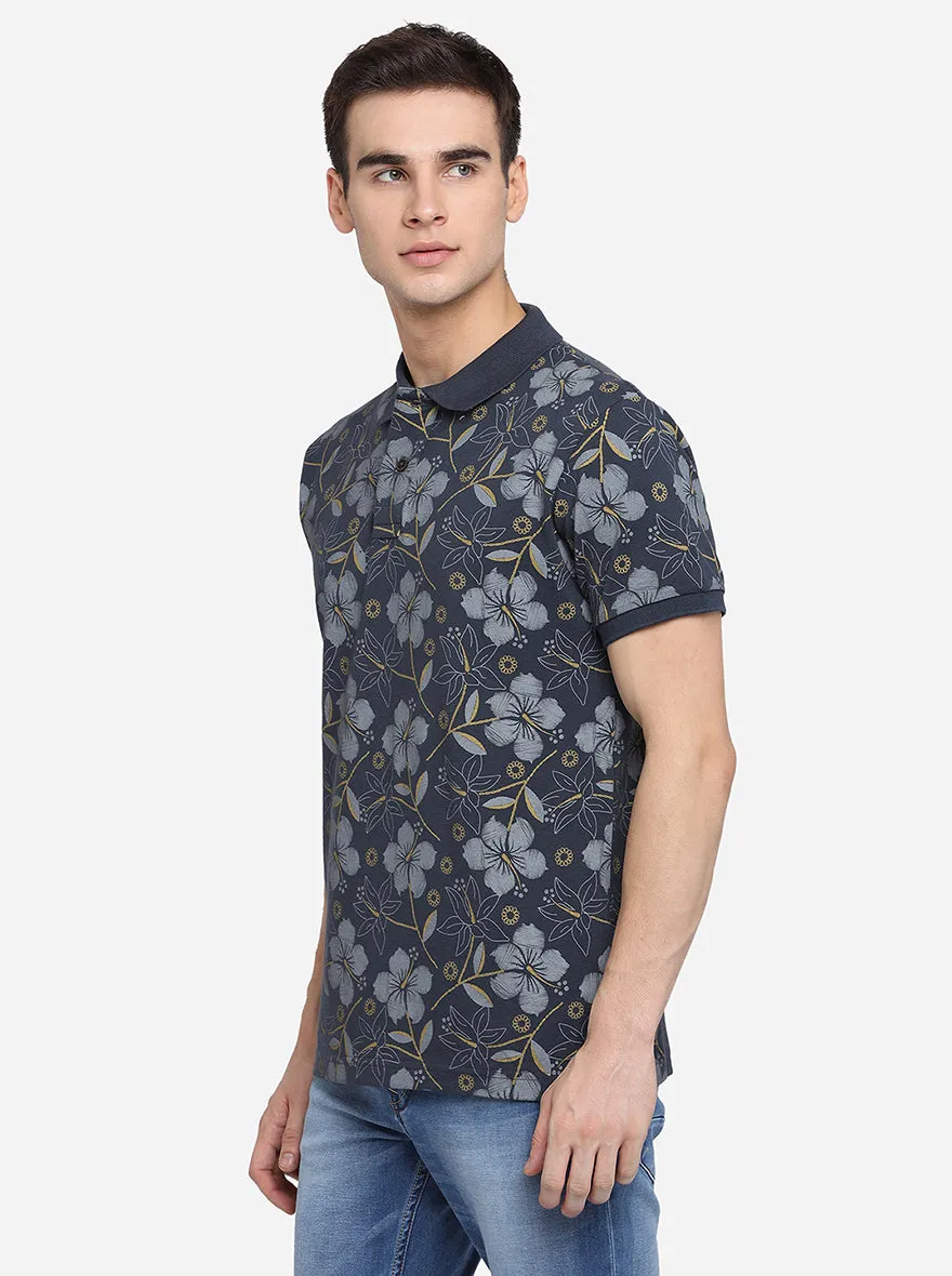 Dark Grey Printed Slim Fit Polo T-Shirt | Greenfibre