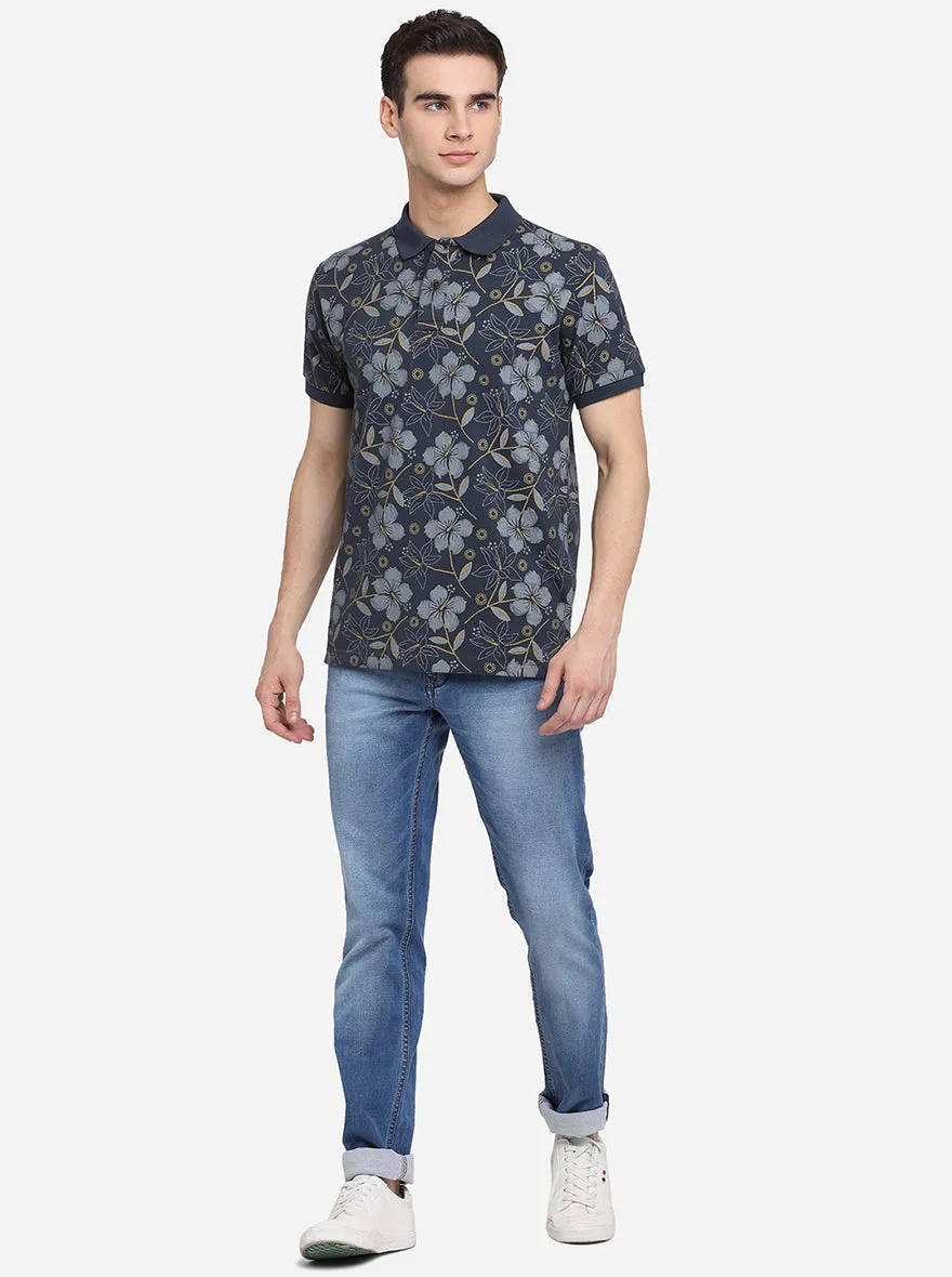 Dark Grey Printed Slim Fit Polo T-Shirt | Greenfibre