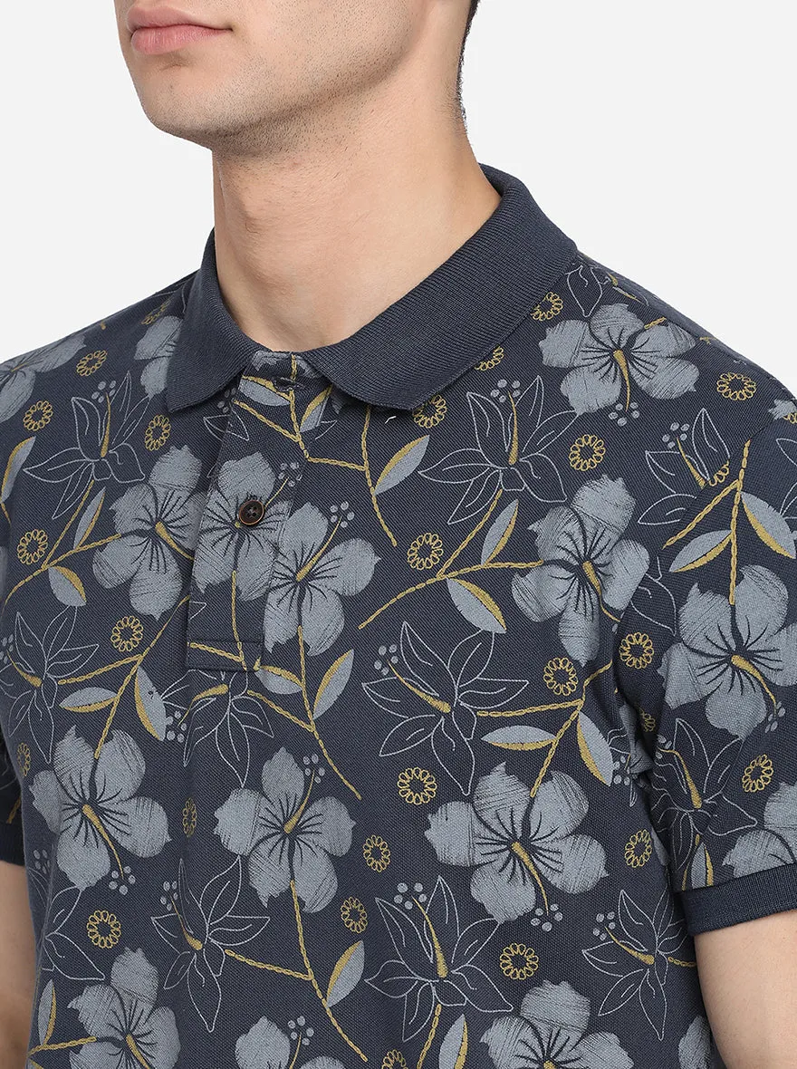 Dark Grey Printed Slim Fit Polo T-Shirt | Greenfibre