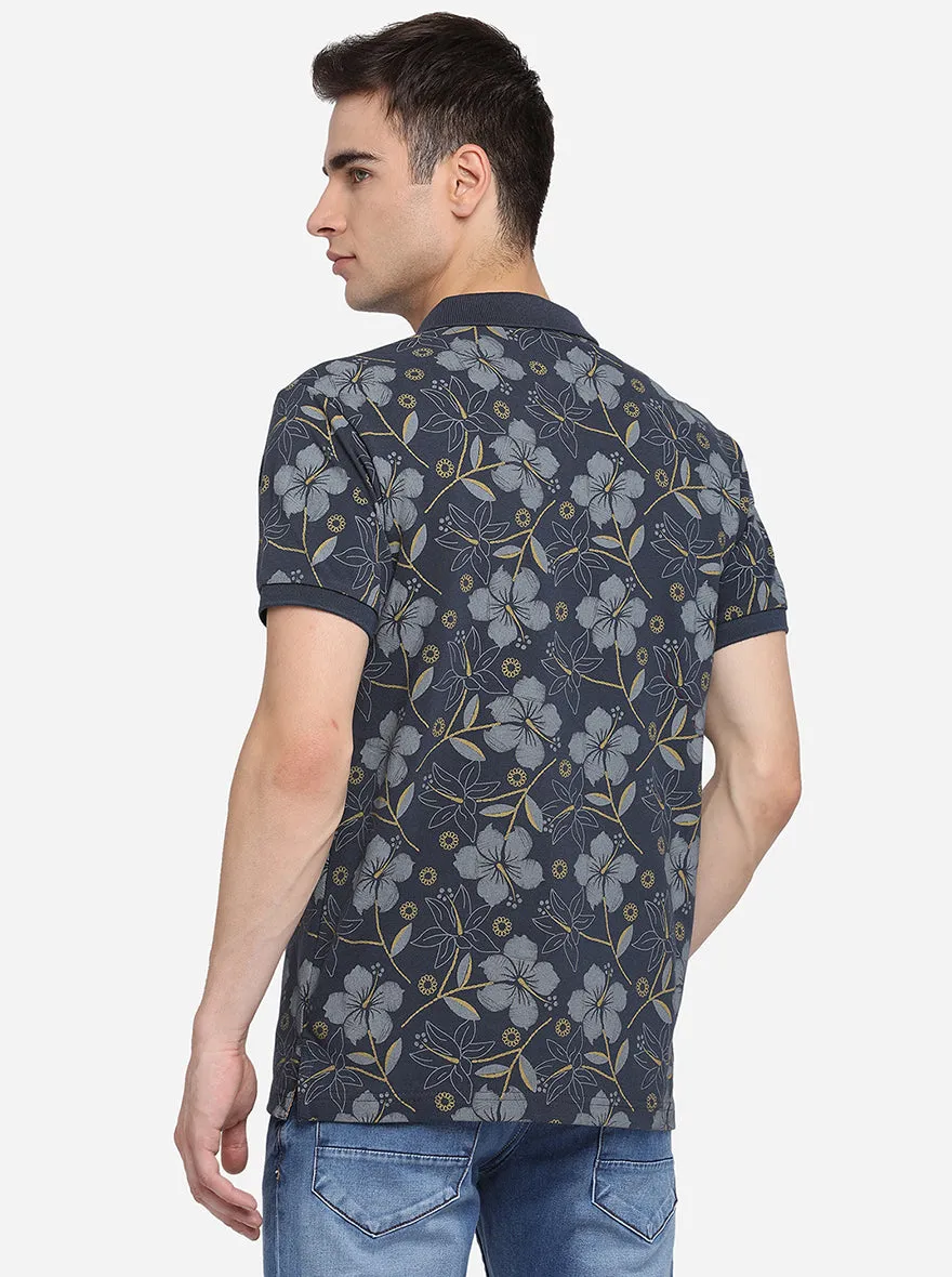 Dark Grey Printed Slim Fit Polo T-Shirt | Greenfibre