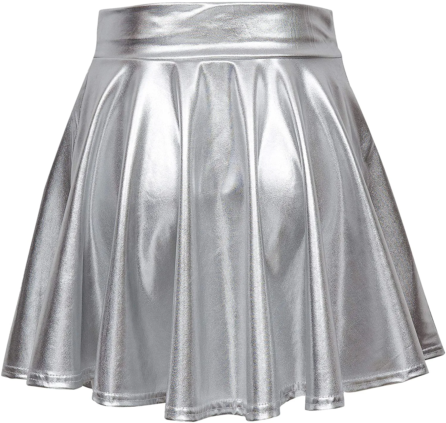 EXCHIC Women's Shiny Metallic Wet Look Stretchy Flared Mini Skater Skirt
