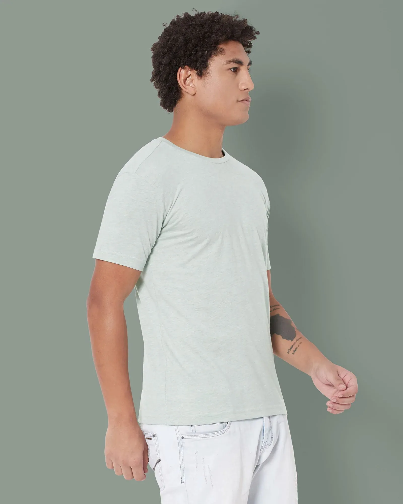 Half Sleeves Crew Neck: Celadon Melange