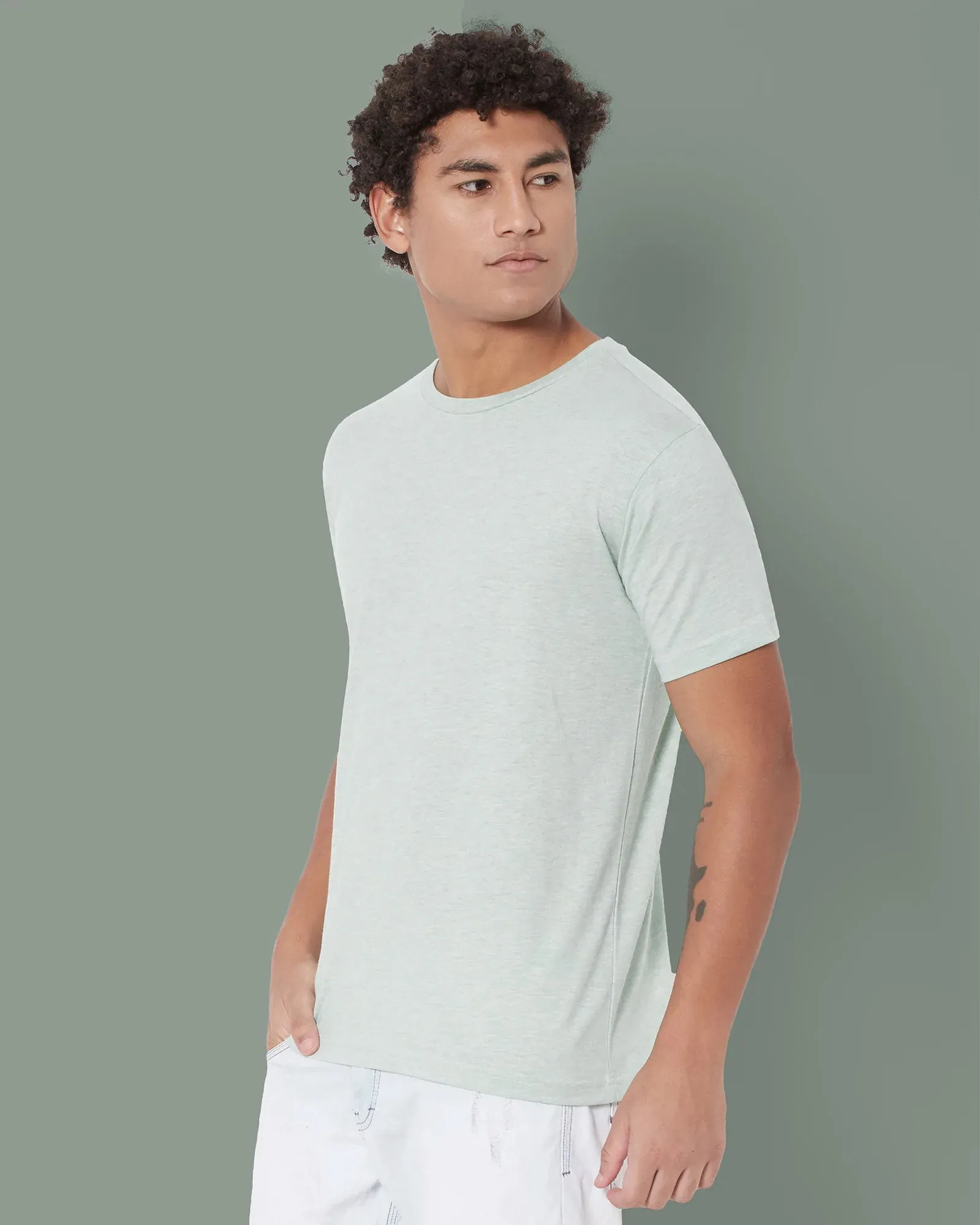Half Sleeves Crew Neck: Celadon Melange