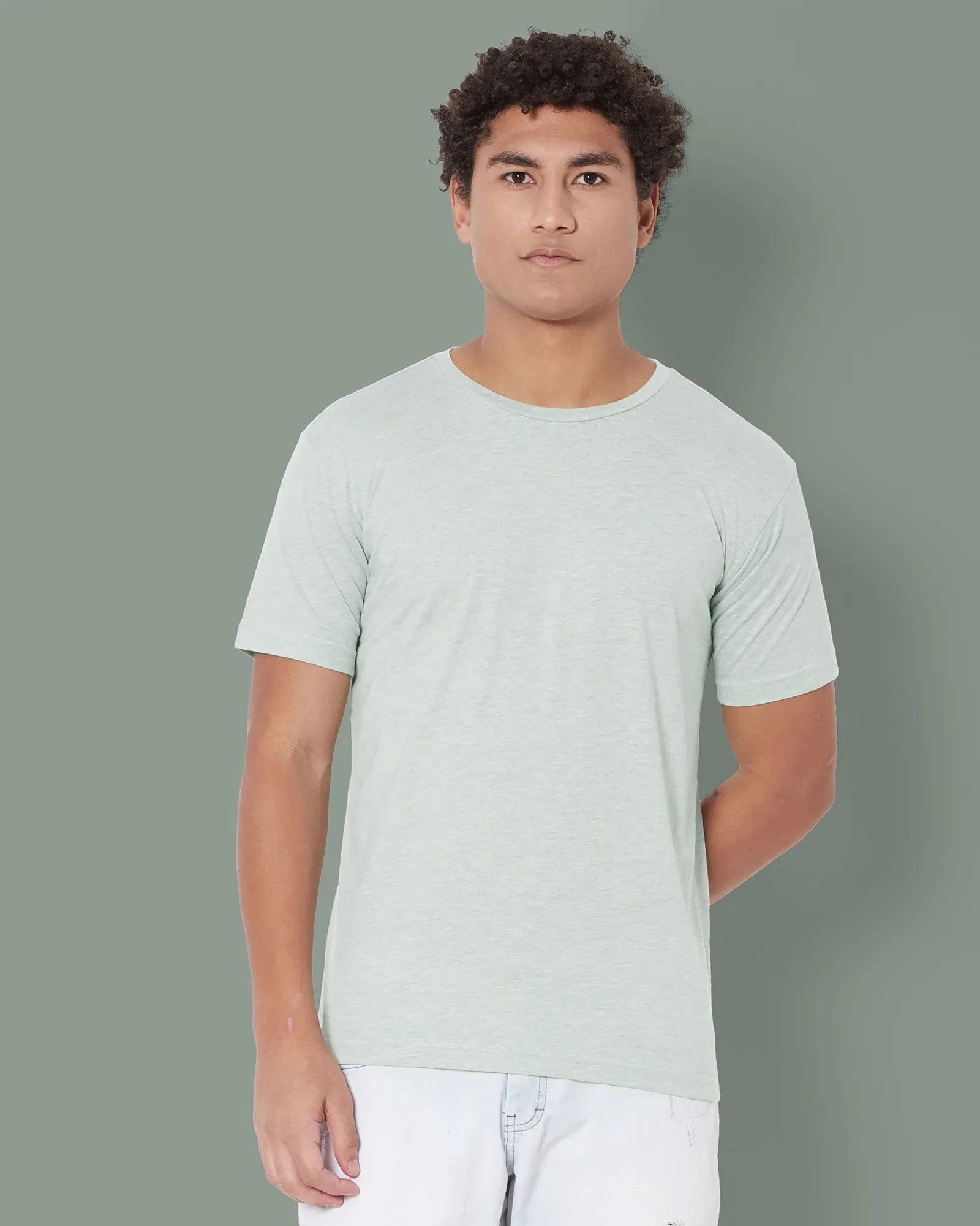 Half Sleeves Crew Neck: Celadon Melange