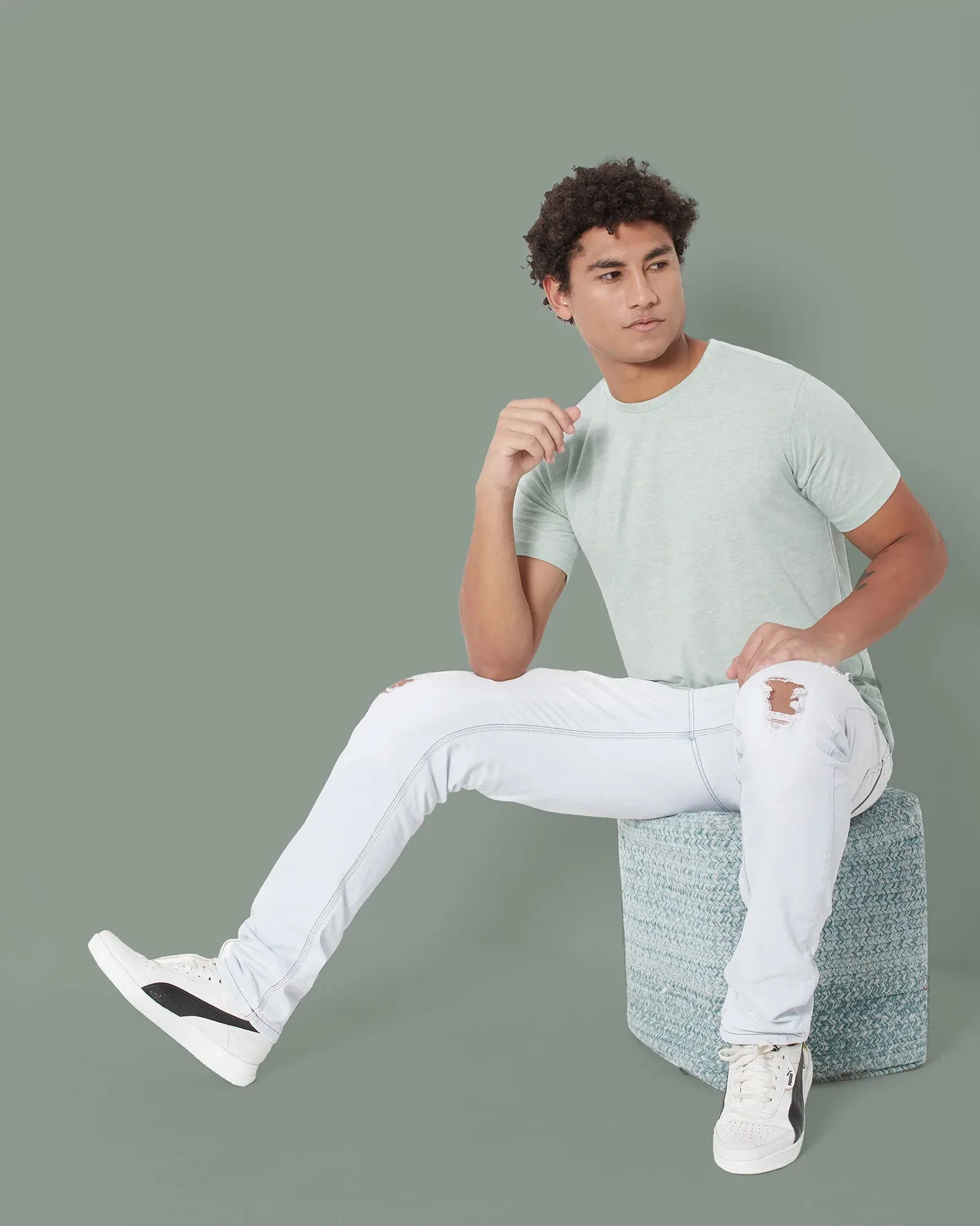 Half Sleeves Crew Neck: Celadon Melange