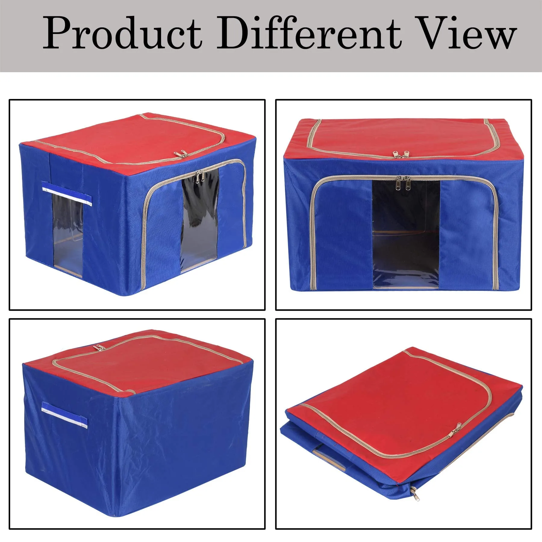 Heart Home Steel Frame Storage Box/Organizer For Clothing, Blankets, Bedding With Clear Window, 24Ltr.- Pack of 2 (Red & Blue)-44HH0287