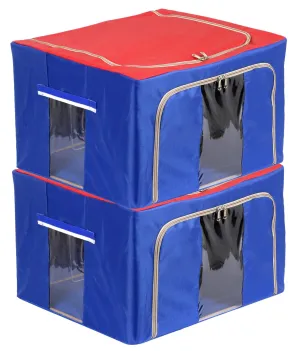 Heart Home Steel Frame Storage Box/Organizer For Clothing, Blankets, Bedding With Clear Window, 24Ltr.- Pack of 2 (Red & Blue)-44HH0287