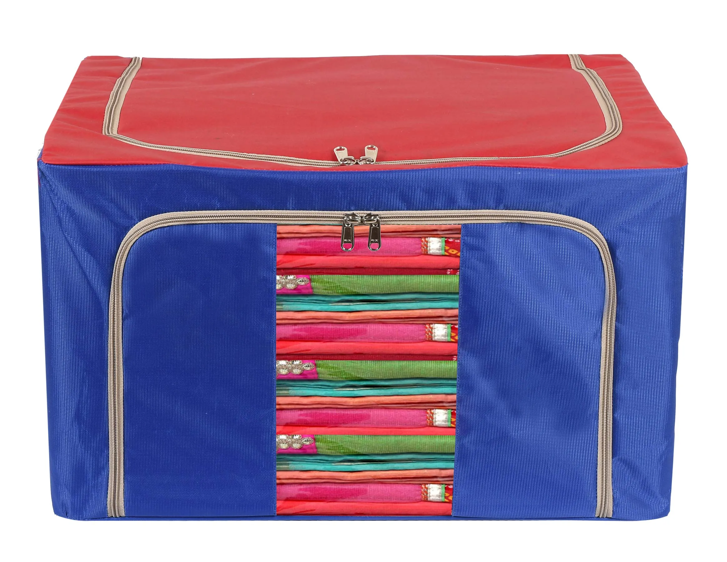 Heart Home Steel Frame Storage Box/Organizer For Clothing, Blankets, Bedding With Clear Window, 24Ltr.- Pack of 2 (Red & Blue)-44HH0287