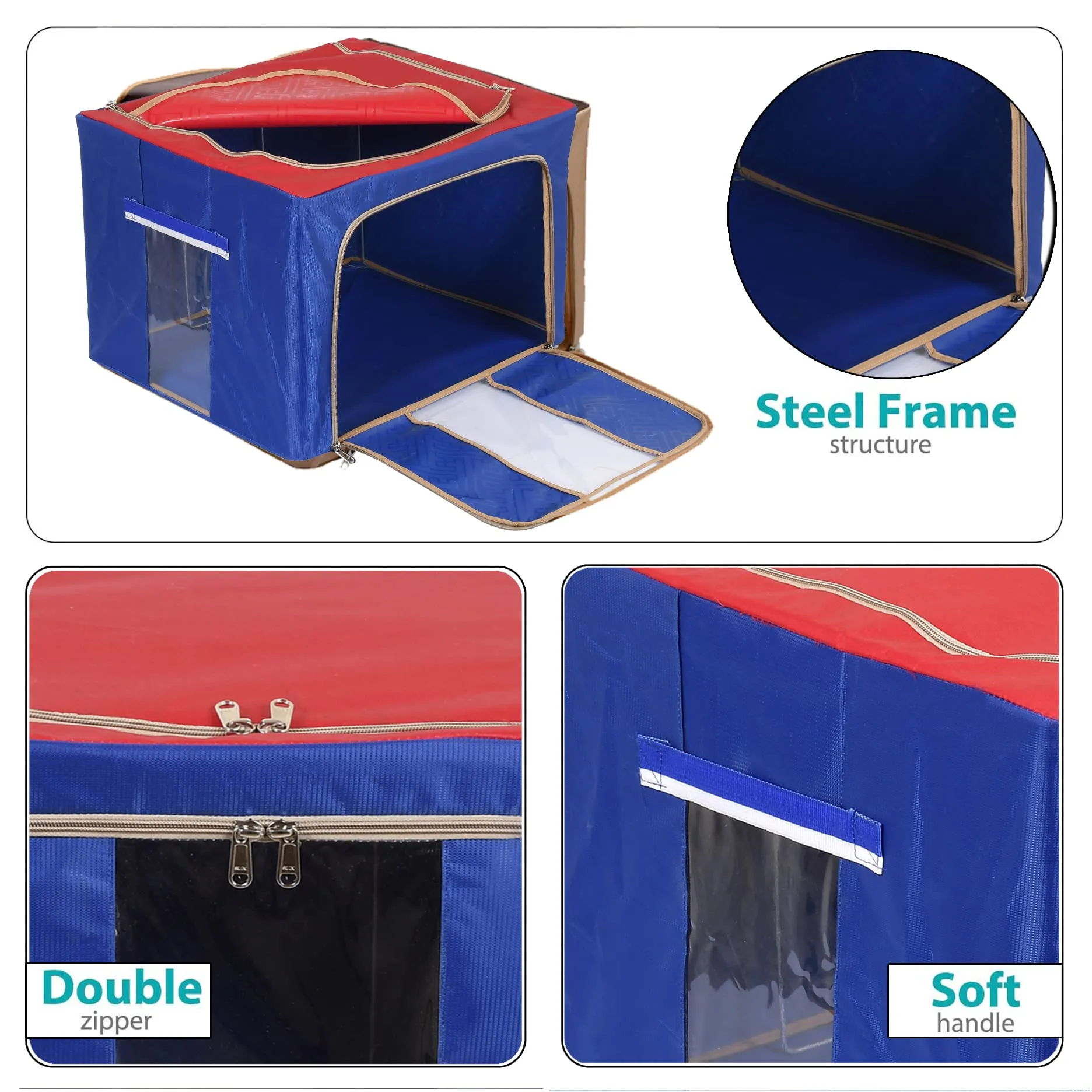 Heart Home Steel Frame Storage Box/Organizer For Clothing, Blankets, Bedding With Clear Window, 24Ltr.- Pack of 2 (Red & Blue)-44HH0287