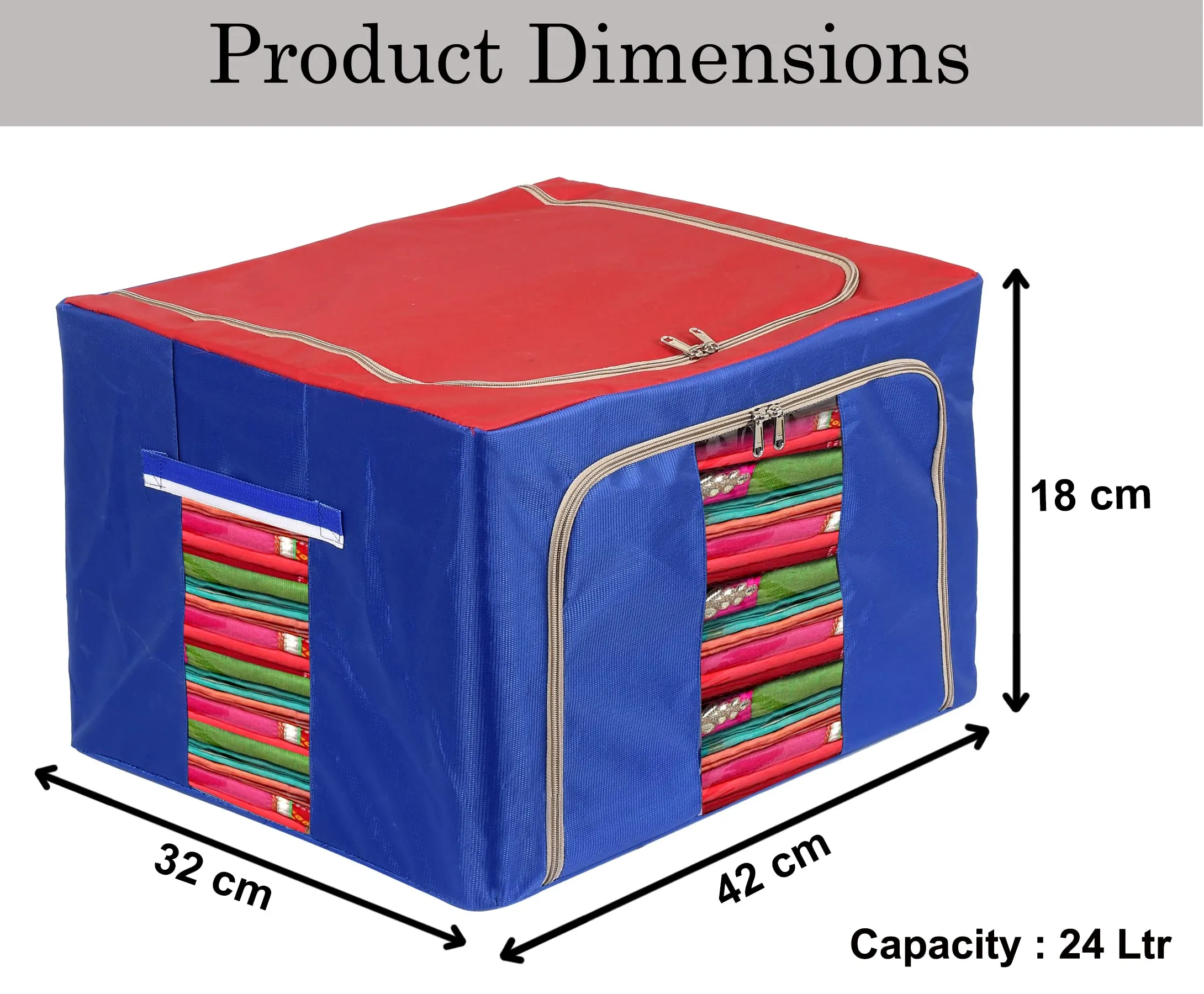 Heart Home Steel Frame Storage Box/Organizer For Clothing, Blankets, Bedding With Clear Window, 24Ltr.- Pack of 2 (Red & Blue)-44HH0287