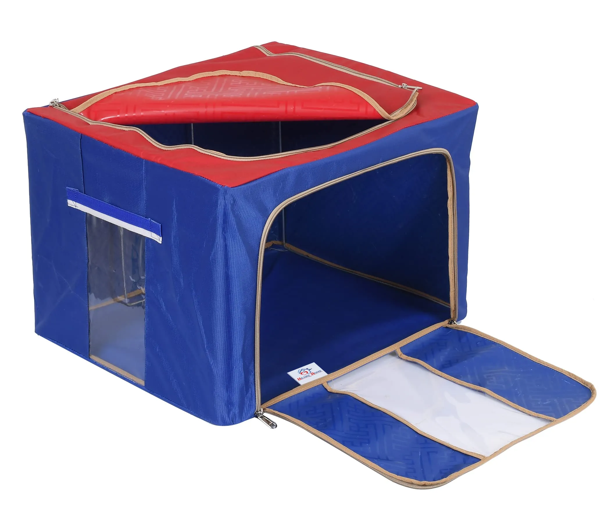 Heart Home Steel Frame Storage Box/Organizer For Clothing, Blankets, Bedding With Clear Window, 24Ltr.- Pack of 2 (Red & Blue)-44HH0287