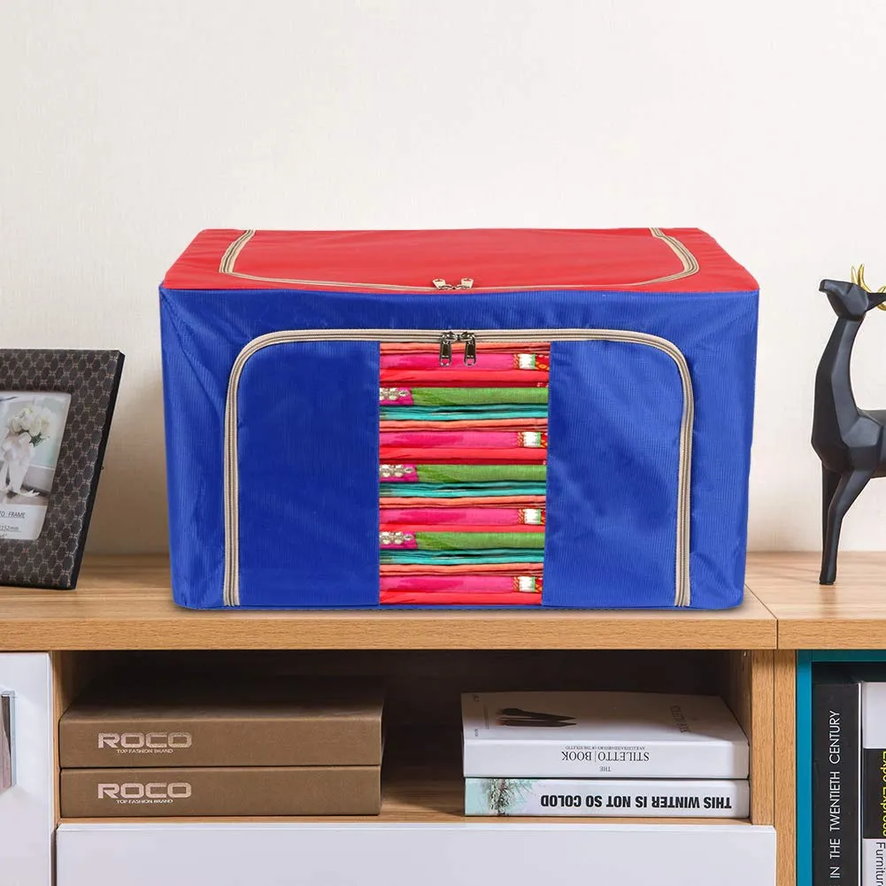 Heart Home Steel Frame Storage Box/Organizer For Clothing, Blankets, Bedding With Clear Window, 24Ltr.- Pack of 2 (Red & Blue)-44HH0287