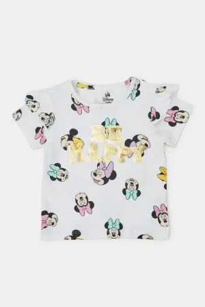 Infant Girls White Minnie All Over Print Frilled T-Shirt