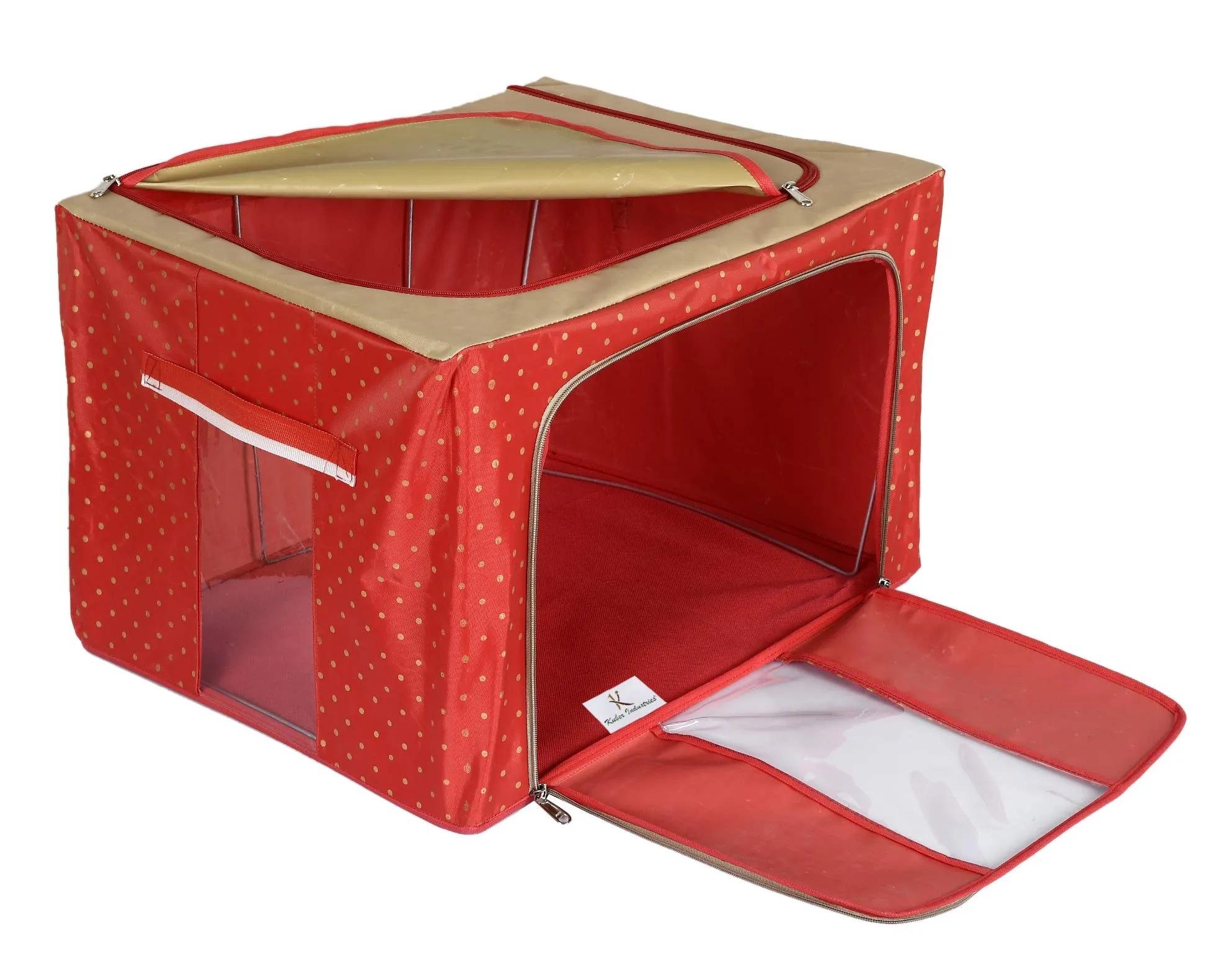 Kuber Industries Dot Printed Steel Frame Living Box, Closet Organizer, Cloth Storage Boxes for Wardrobe With Clear Window, 44Ltr. (Red & Brown)-44KM0230
