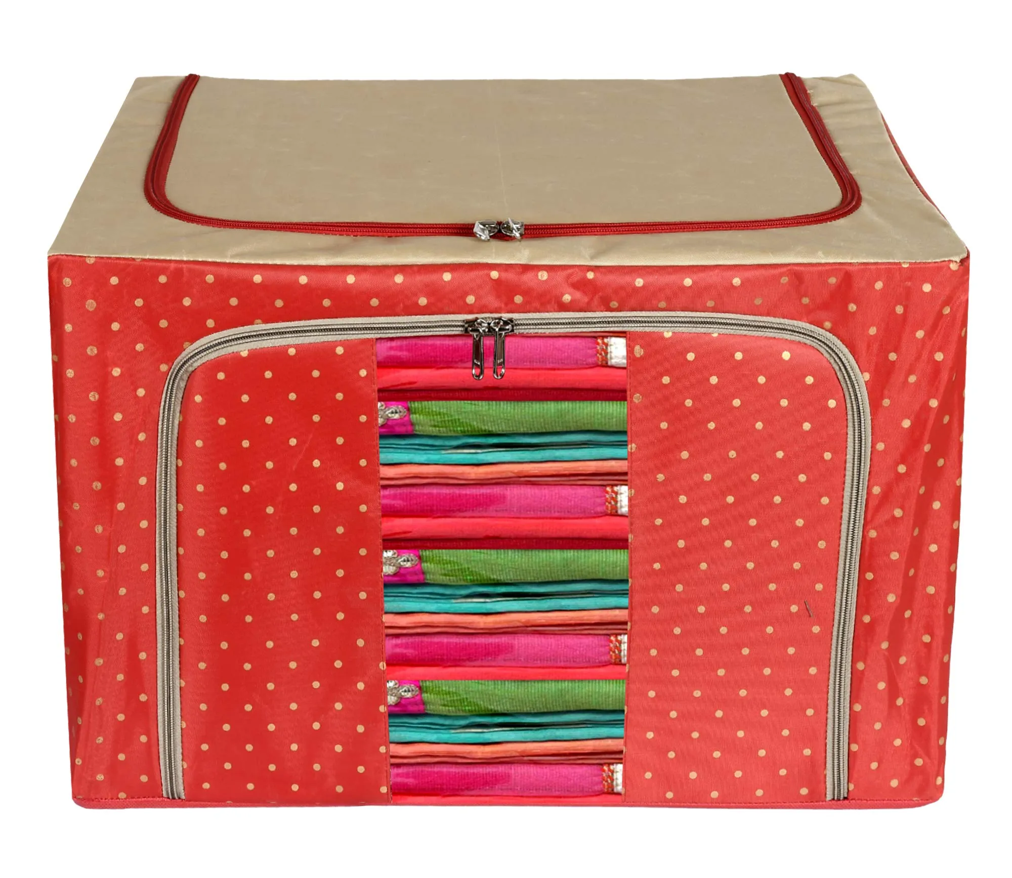 Kuber Industries Dot Printed Steel Frame Living Box, Closet Organizer, Cloth Storage Boxes for Wardrobe With Clear Window, 44Ltr. (Red & Brown)-44KM0230