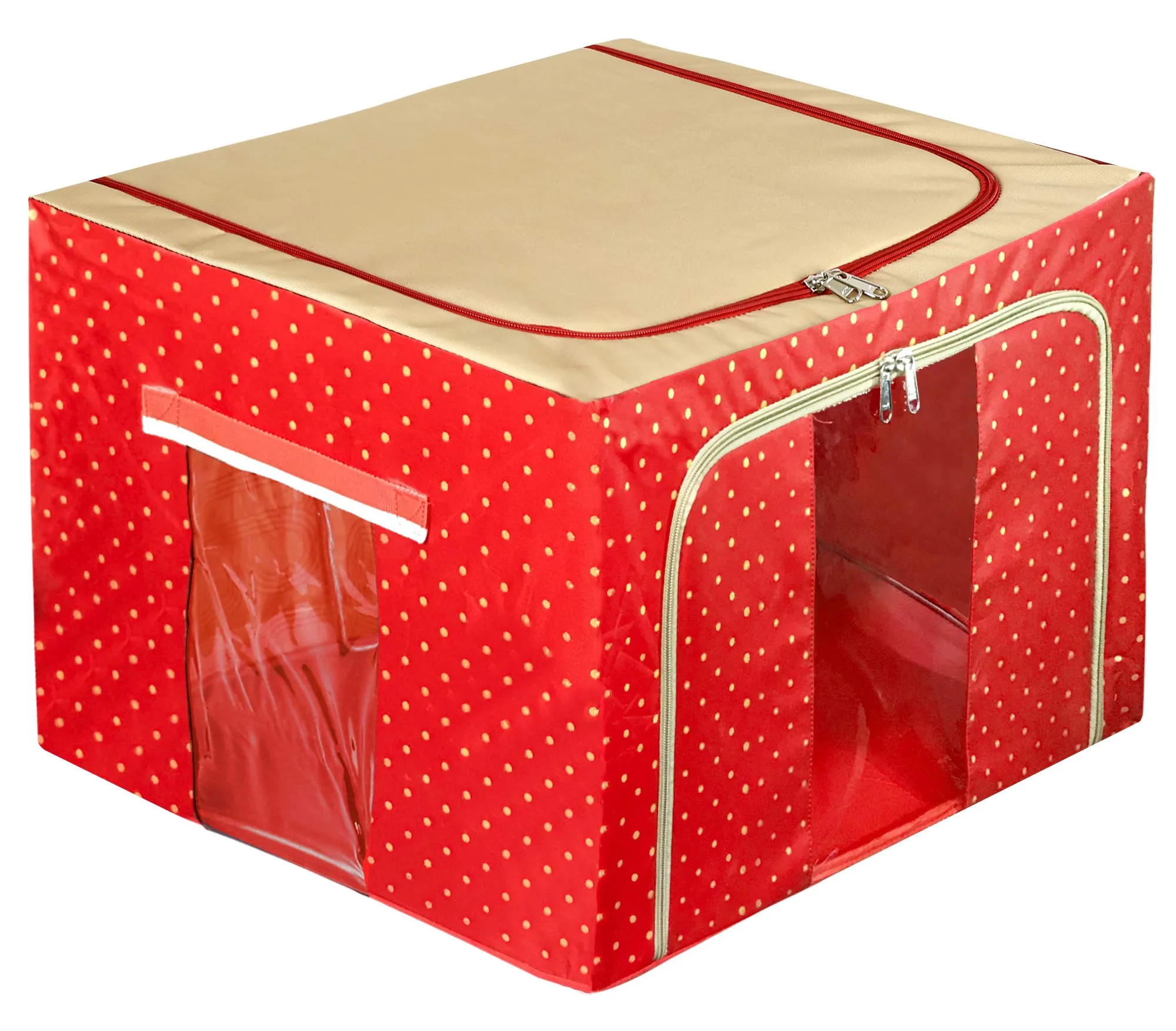 Kuber Industries Dot Printed Steel Frame Living Box, Closet Organizer, Cloth Storage Boxes for Wardrobe With Clear Window, 44Ltr. (Red & Brown)-44KM0230