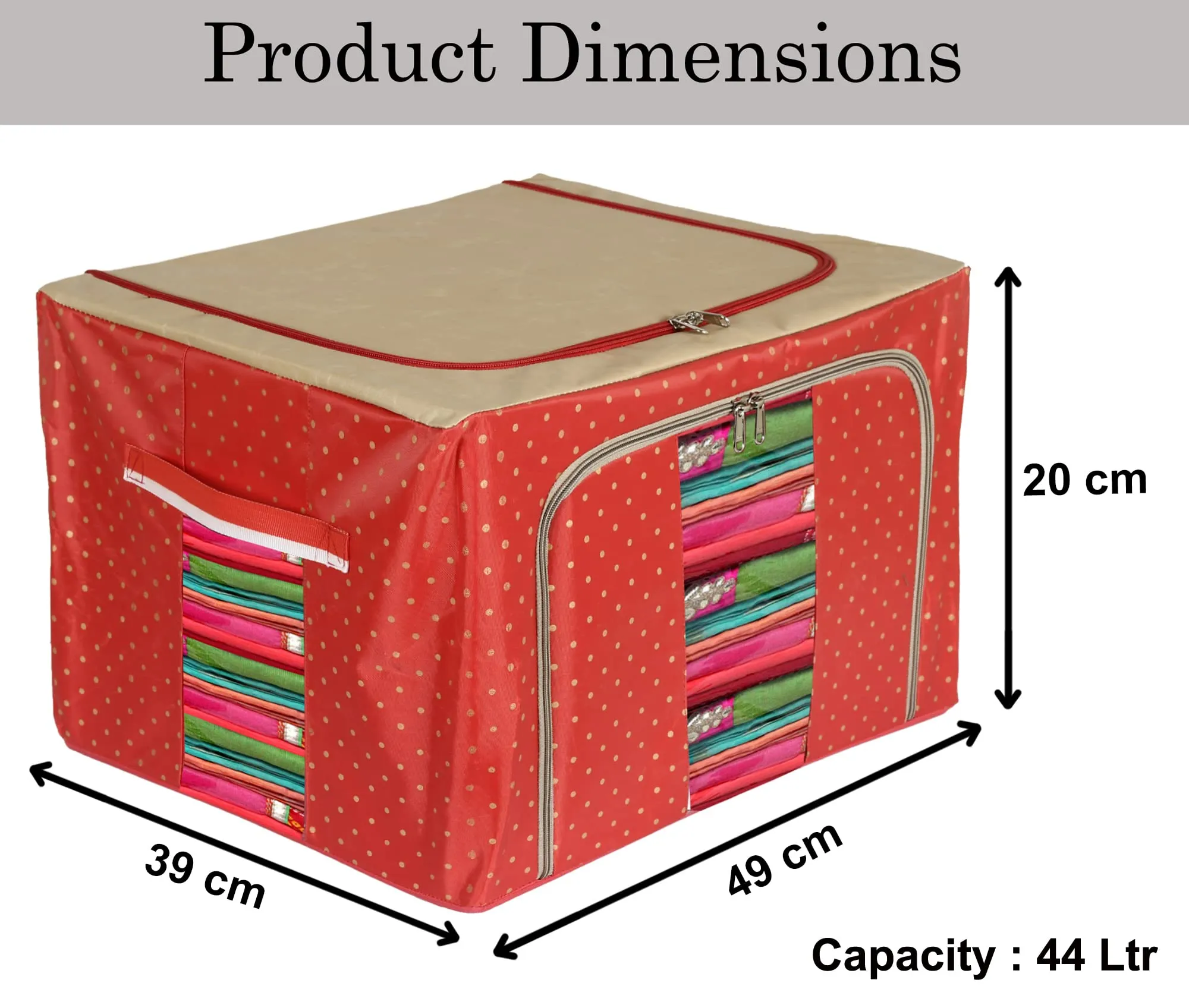 Kuber Industries Dot Printed Steel Frame Living Box, Closet Organizer, Cloth Storage Boxes for Wardrobe With Clear Window, 44Ltr. (Red & Brown)-44KM0230
