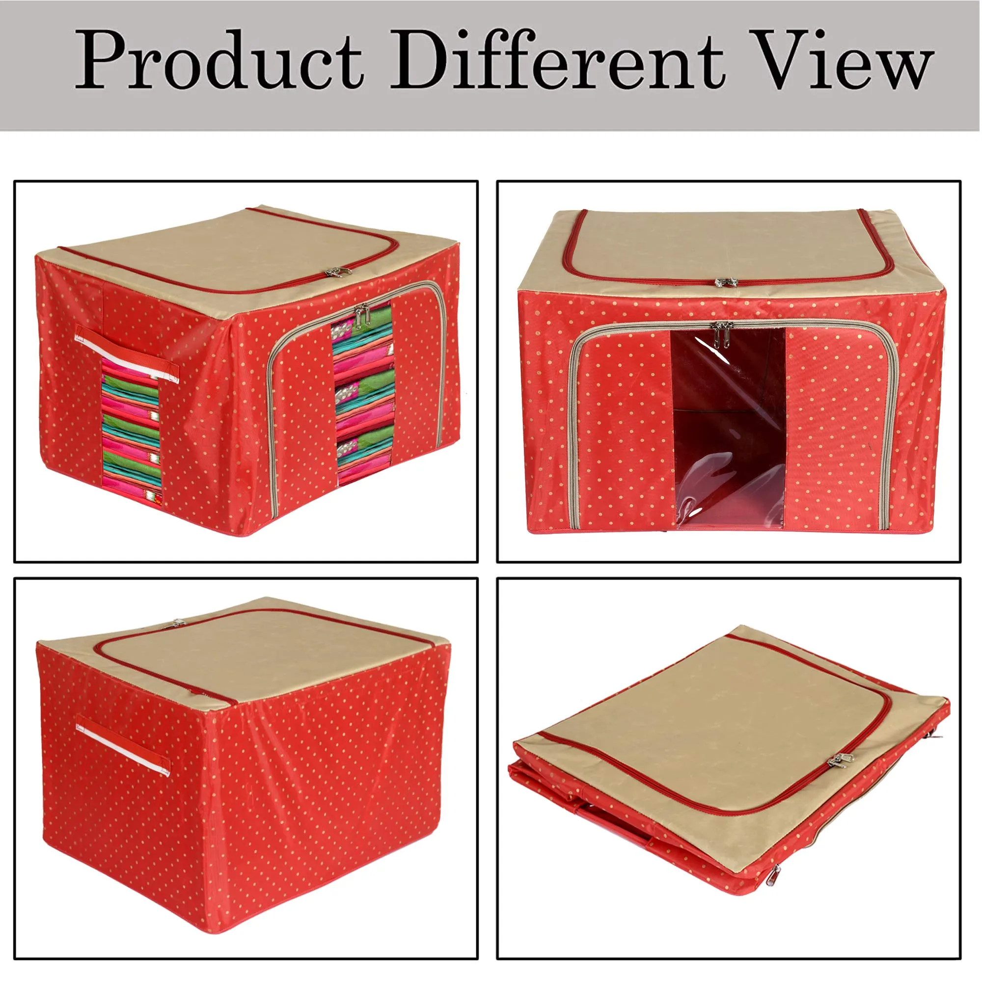 Kuber Industries Dot Printed Steel Frame Living Box, Closet Organizer, Cloth Storage Boxes for Wardrobe With Clear Window, 44Ltr. (Red & Brown)-44KM0230