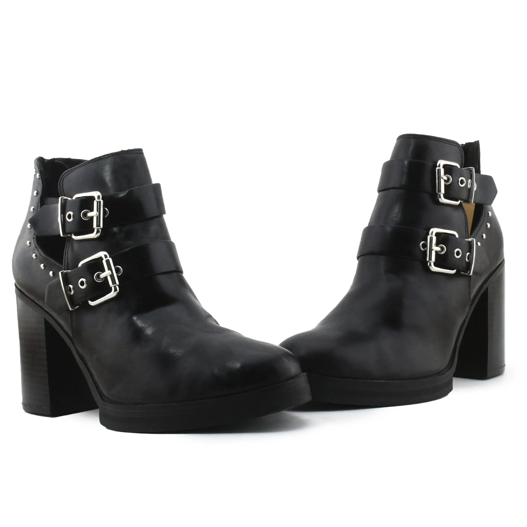Lefties Zipper Buckle Straps Block Heels Ankle Boots | 100% Authentic Leather