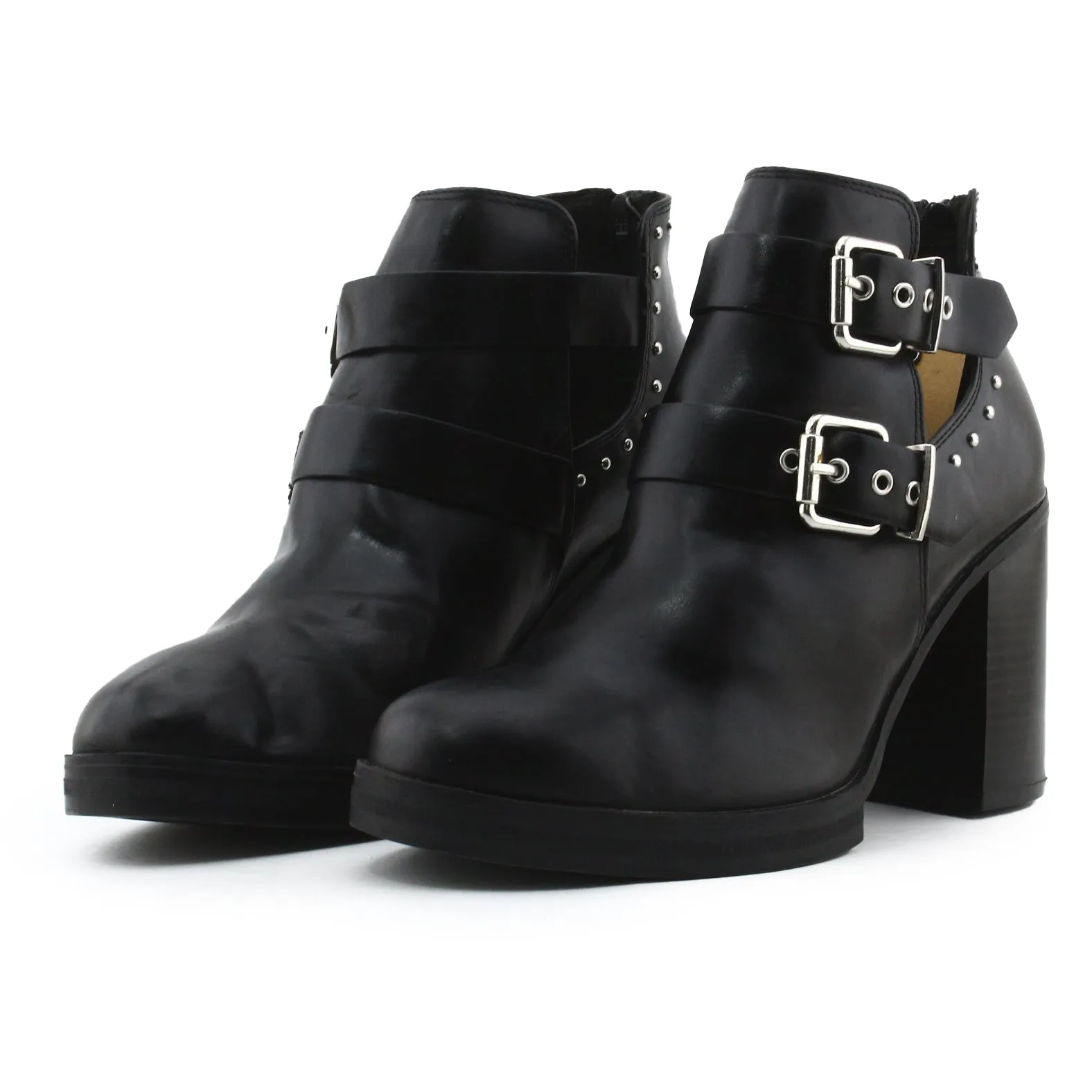 Lefties Zipper Buckle Straps Block Heels Ankle Boots | 100% Authentic Leather