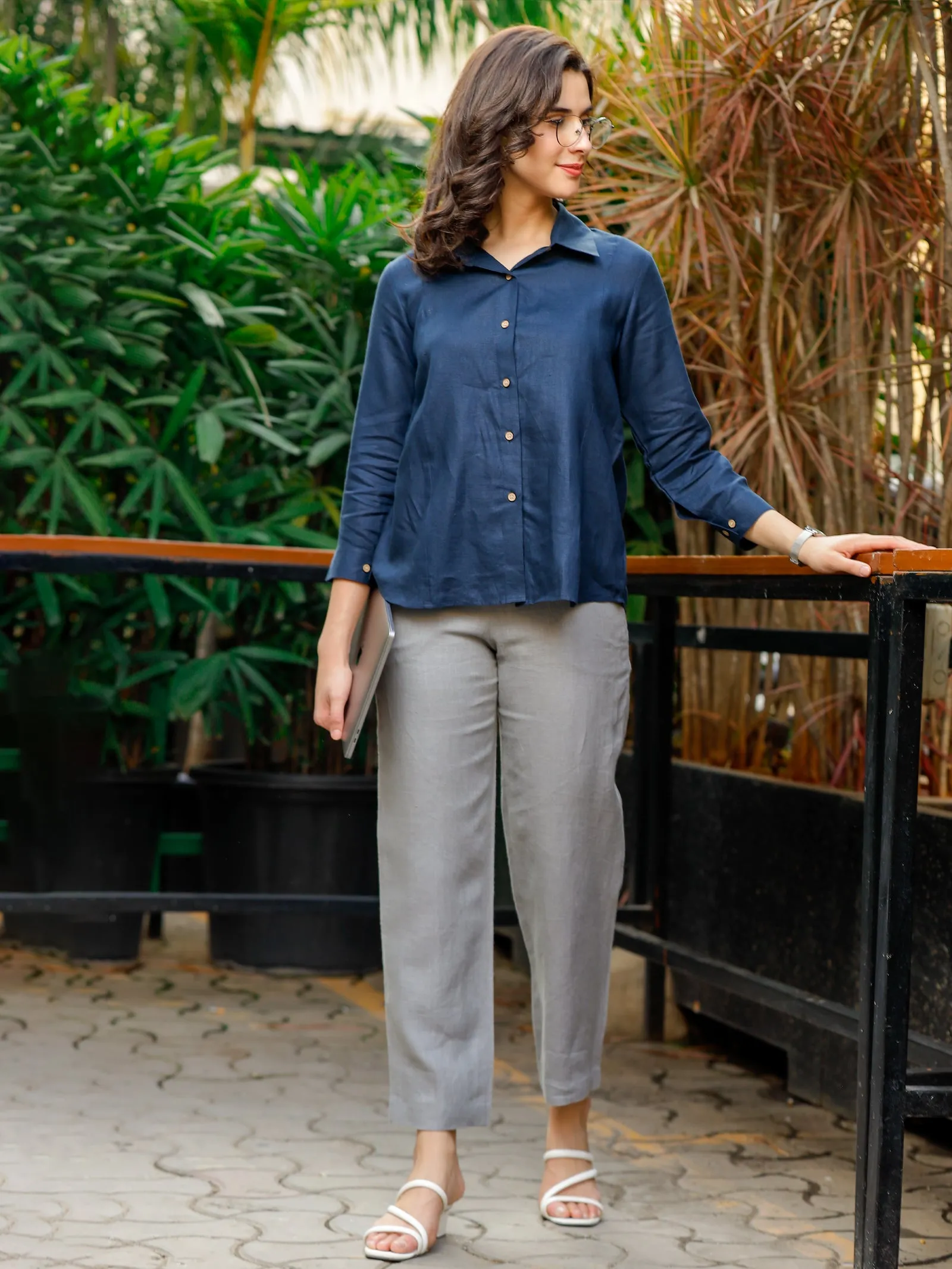 Luna - Ankle Length Pure Linen Trousers - Grey