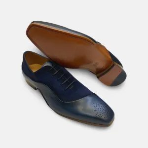 Men's Mezlan Affari Navy Blue Medallion Toe Oxford Suede and Leather Shoes