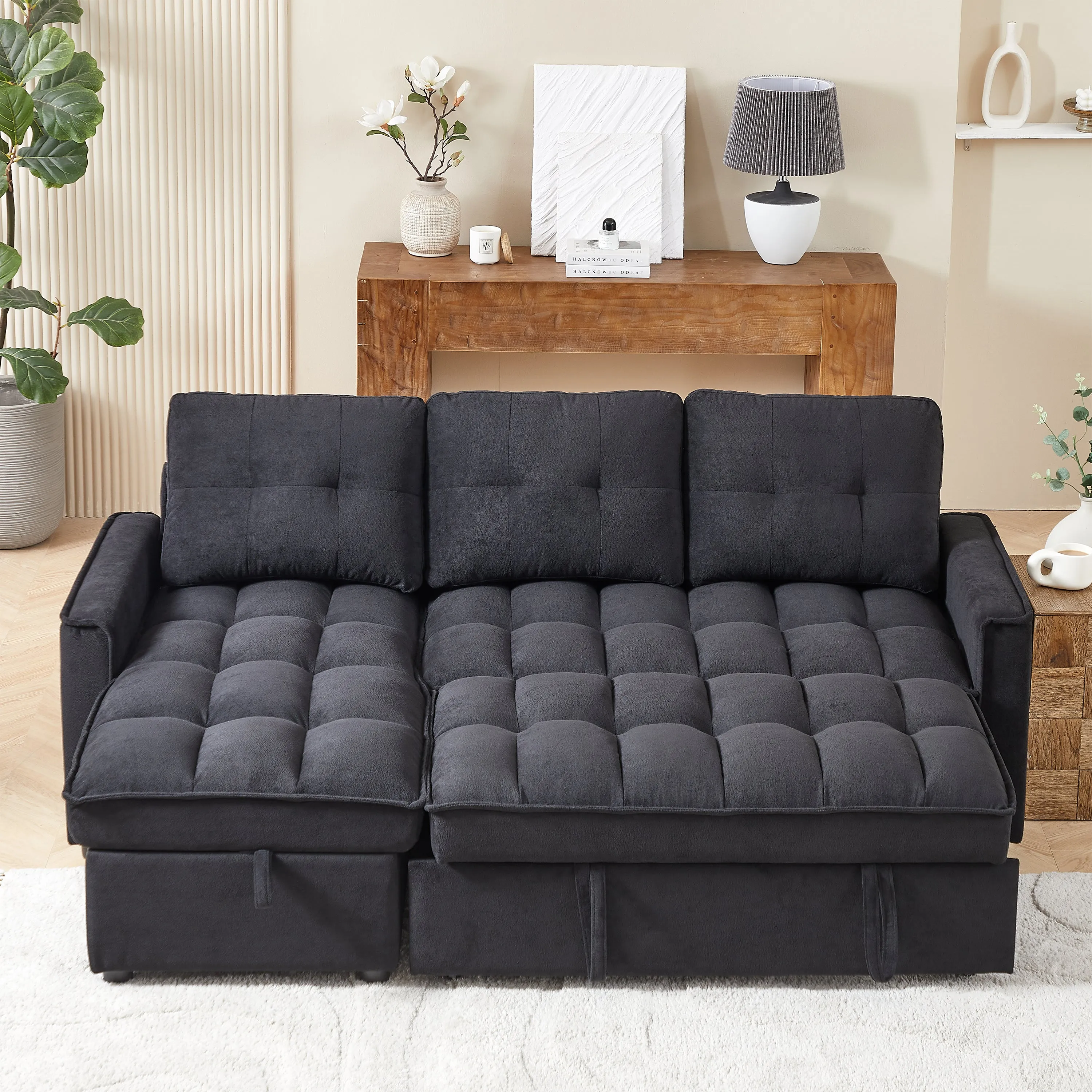MH 78.75" Reclining Sofa, Pull-Out Sofa Bed with USB and tape-c charging ports, L-Shaped Sectional Sofa with Reclining Storage and Arm Side Organizer Pocket Features, Living Room Comfort Sofa