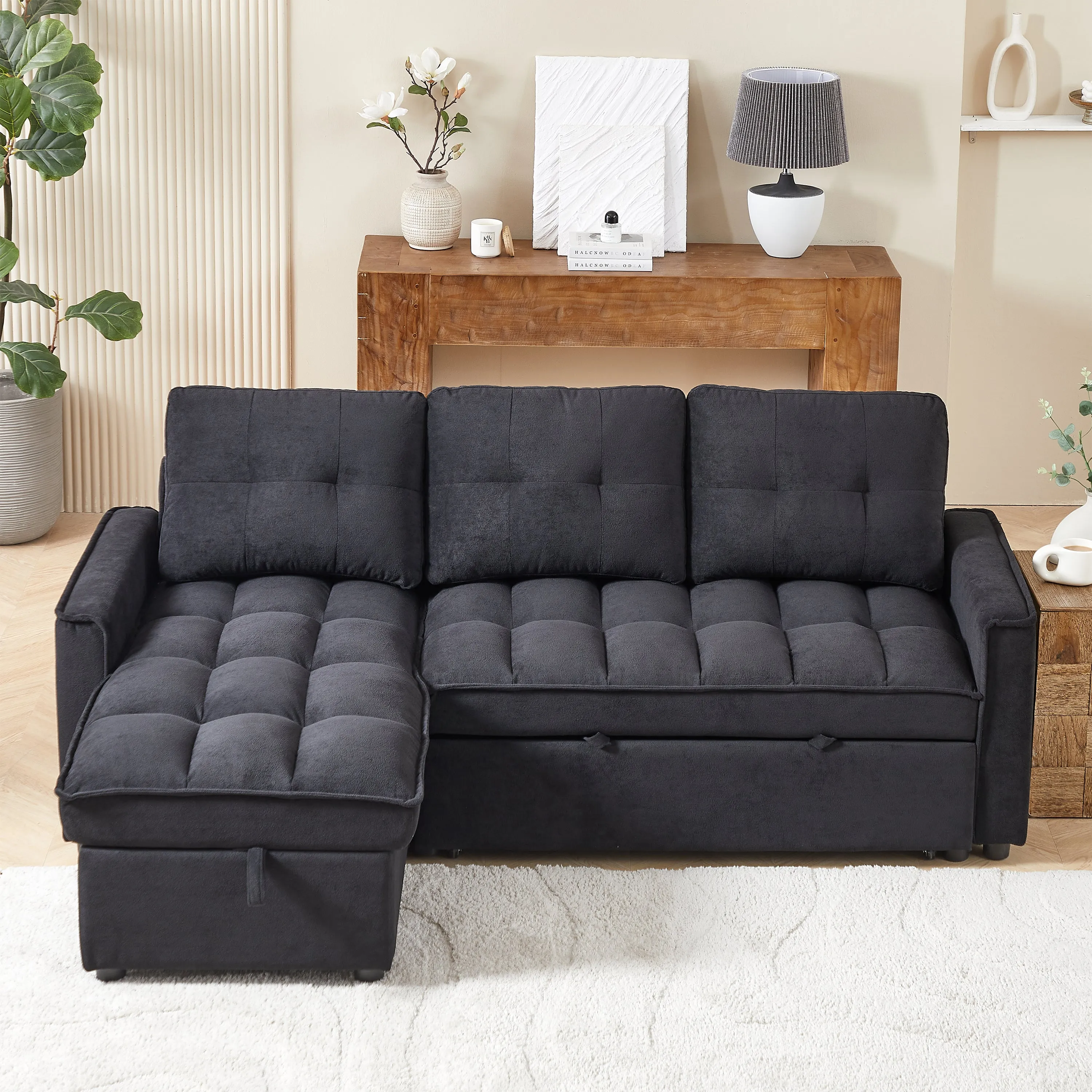 MH 78.75" Reclining Sofa, Pull-Out Sofa Bed with USB and tape-c charging ports, L-Shaped Sectional Sofa with Reclining Storage and Arm Side Organizer Pocket Features, Living Room Comfort Sofa