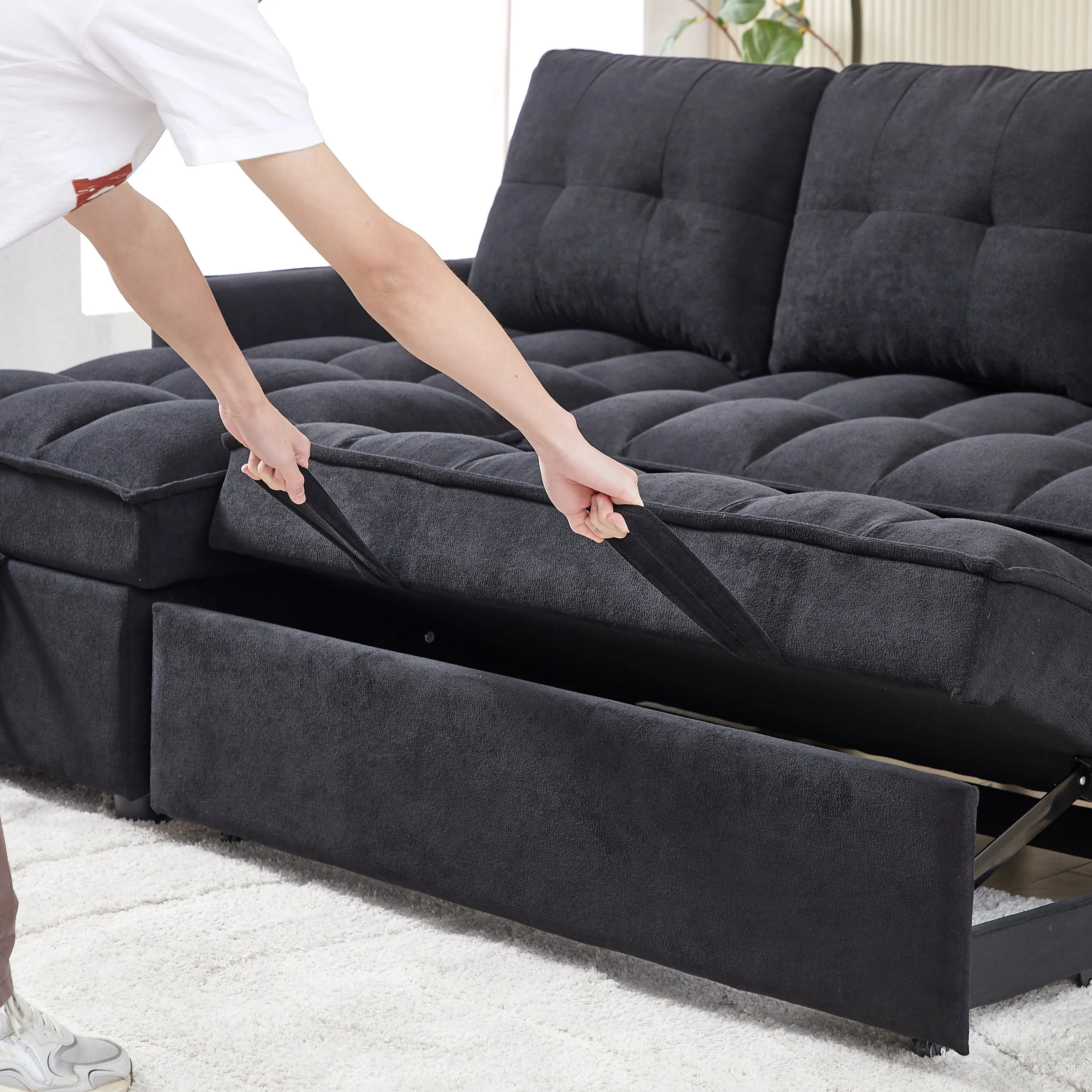 MH 78.75" Reclining Sofa, Pull-Out Sofa Bed with USB and tape-c charging ports, L-Shaped Sectional Sofa with Reclining Storage and Arm Side Organizer Pocket Features, Living Room Comfort Sofa