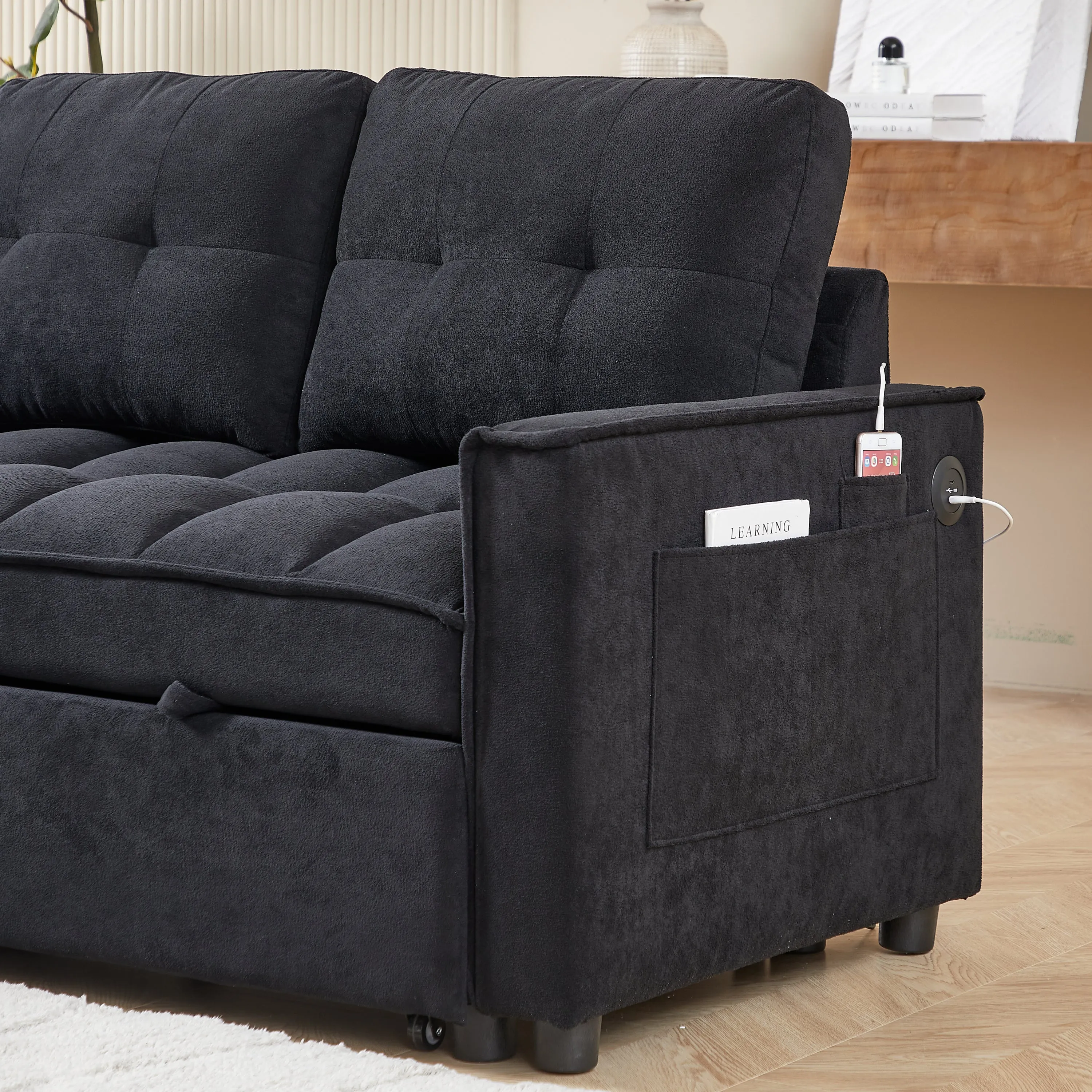 MH 78.75" Reclining Sofa, Pull-Out Sofa Bed with USB and tape-c charging ports, L-Shaped Sectional Sofa with Reclining Storage and Arm Side Organizer Pocket Features, Living Room Comfort Sofa