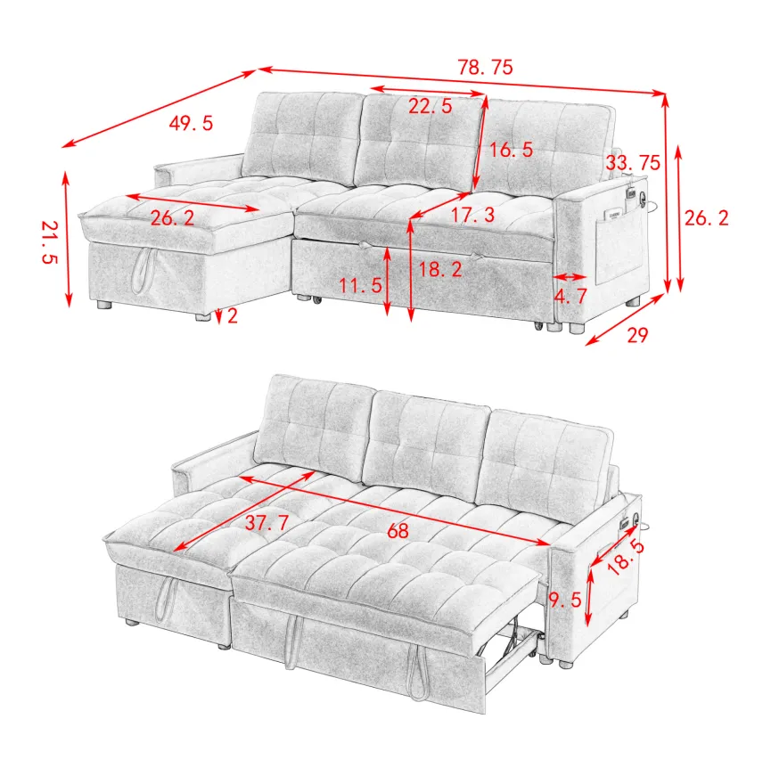 MH 78.75" Reclining Sofa, Pull-Out Sofa Bed with USB and tape-c charging ports, L-Shaped Sectional Sofa with Reclining Storage and Arm Side Organizer Pocket Features, Living Room Comfort Sofa
