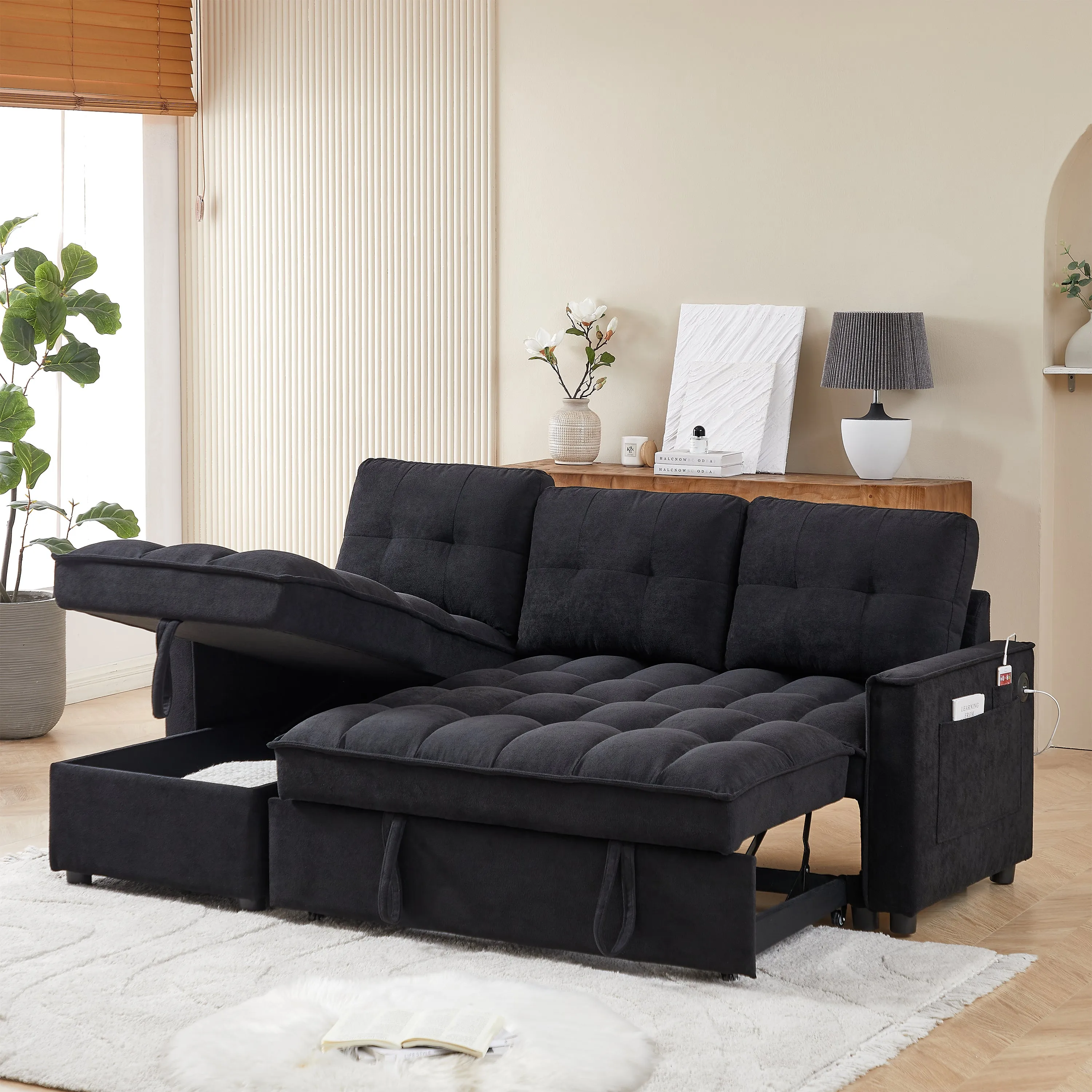 MH 78.75" Reclining Sofa, Pull-Out Sofa Bed with USB and tape-c charging ports, L-Shaped Sectional Sofa with Reclining Storage and Arm Side Organizer Pocket Features, Living Room Comfort Sofa