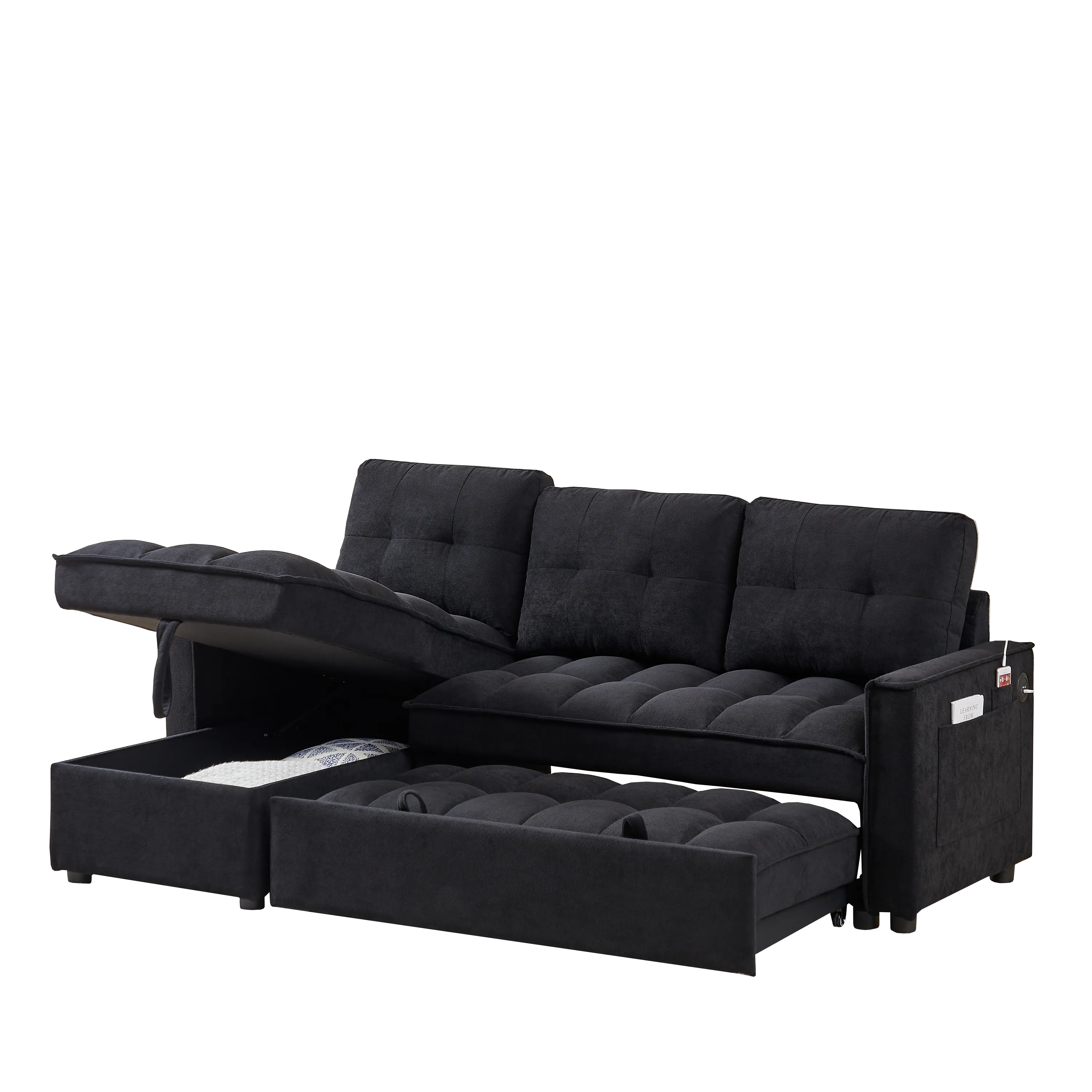 MH 78.75" Reclining Sofa, Pull-Out Sofa Bed with USB and tape-c charging ports, L-Shaped Sectional Sofa with Reclining Storage and Arm Side Organizer Pocket Features, Living Room Comfort Sofa