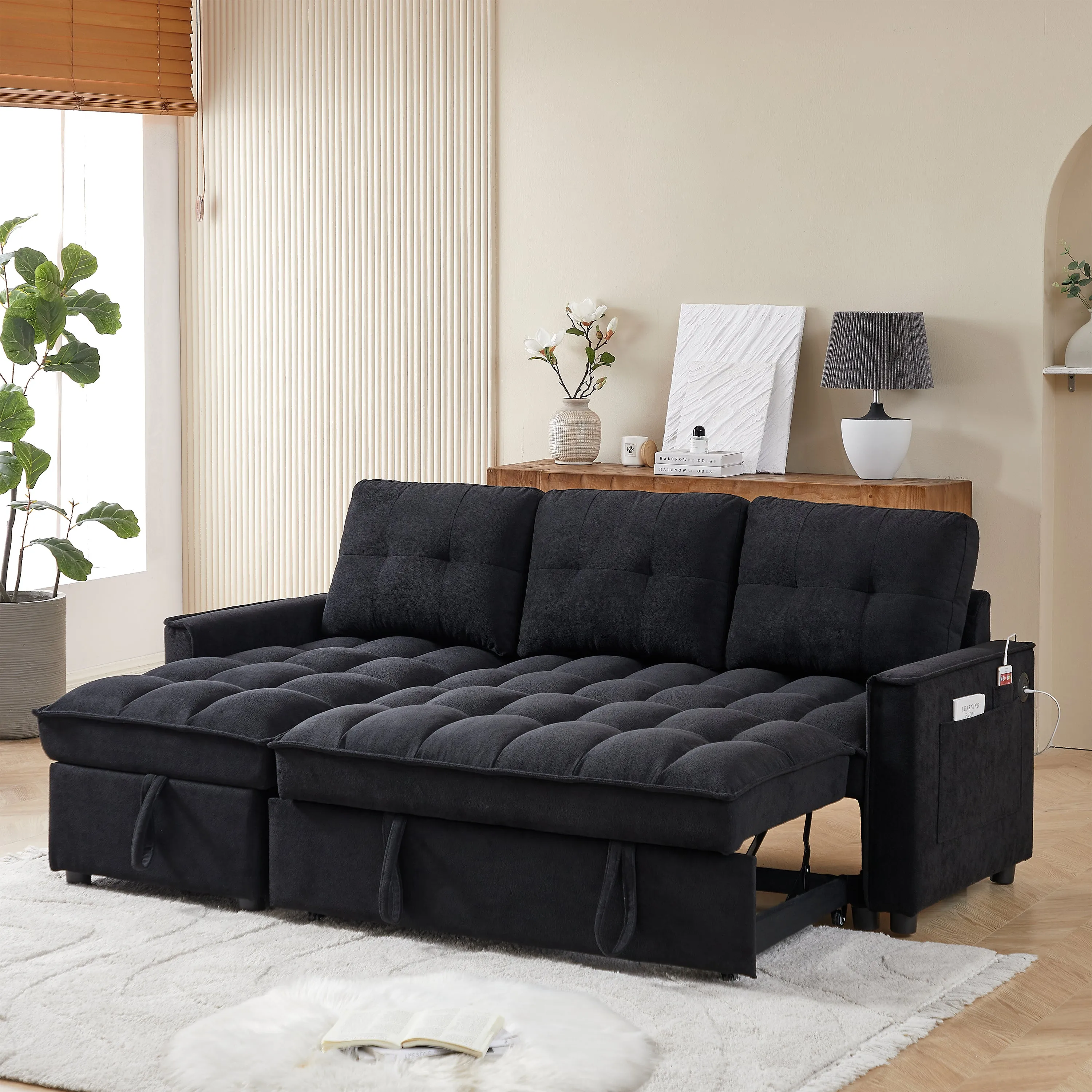 MH 78.75" Reclining Sofa, Pull-Out Sofa Bed with USB and tape-c charging ports, L-Shaped Sectional Sofa with Reclining Storage and Arm Side Organizer Pocket Features, Living Room Comfort Sofa