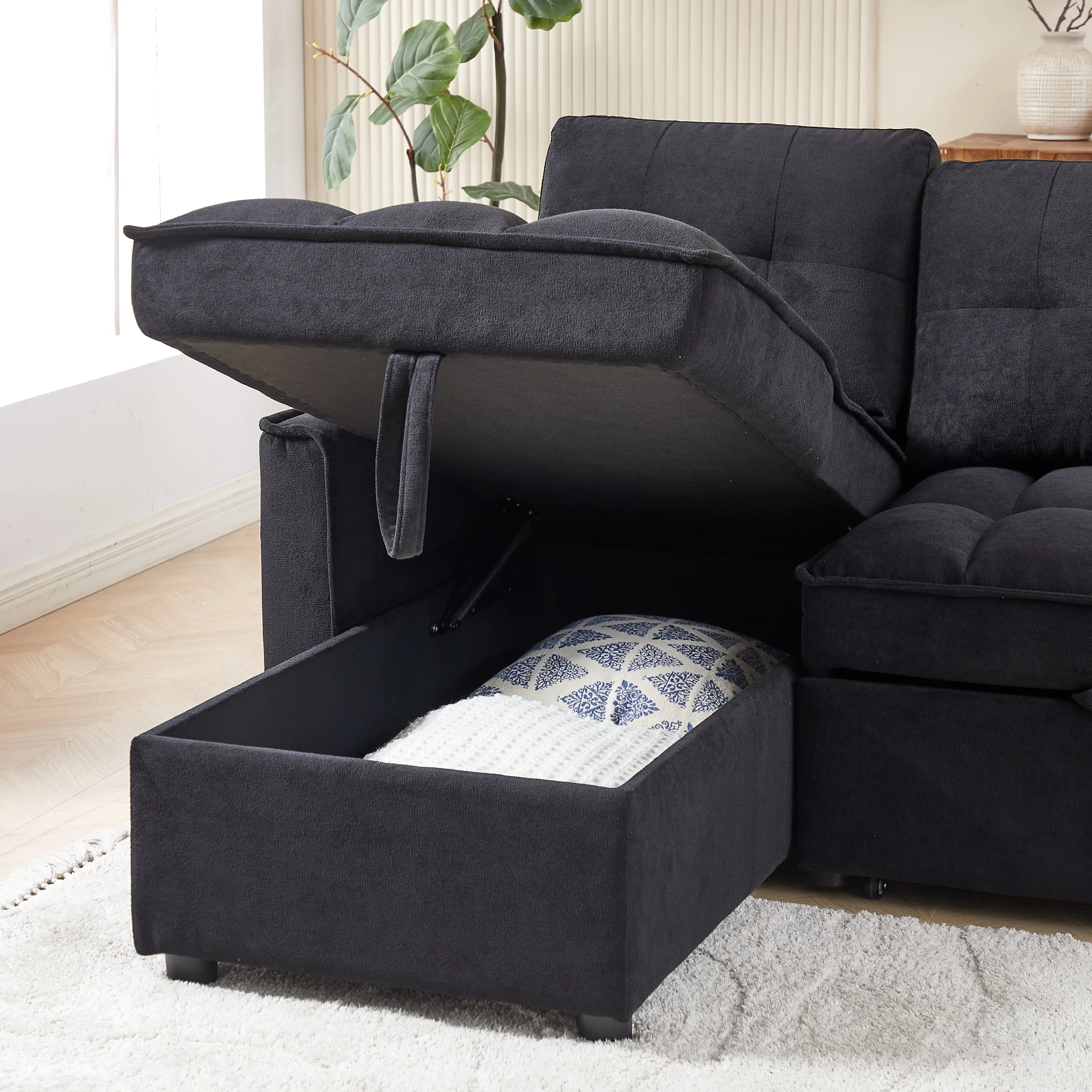 MH 78.75" Reclining Sofa, Pull-Out Sofa Bed with USB and tape-c charging ports, L-Shaped Sectional Sofa with Reclining Storage and Arm Side Organizer Pocket Features, Living Room Comfort Sofa