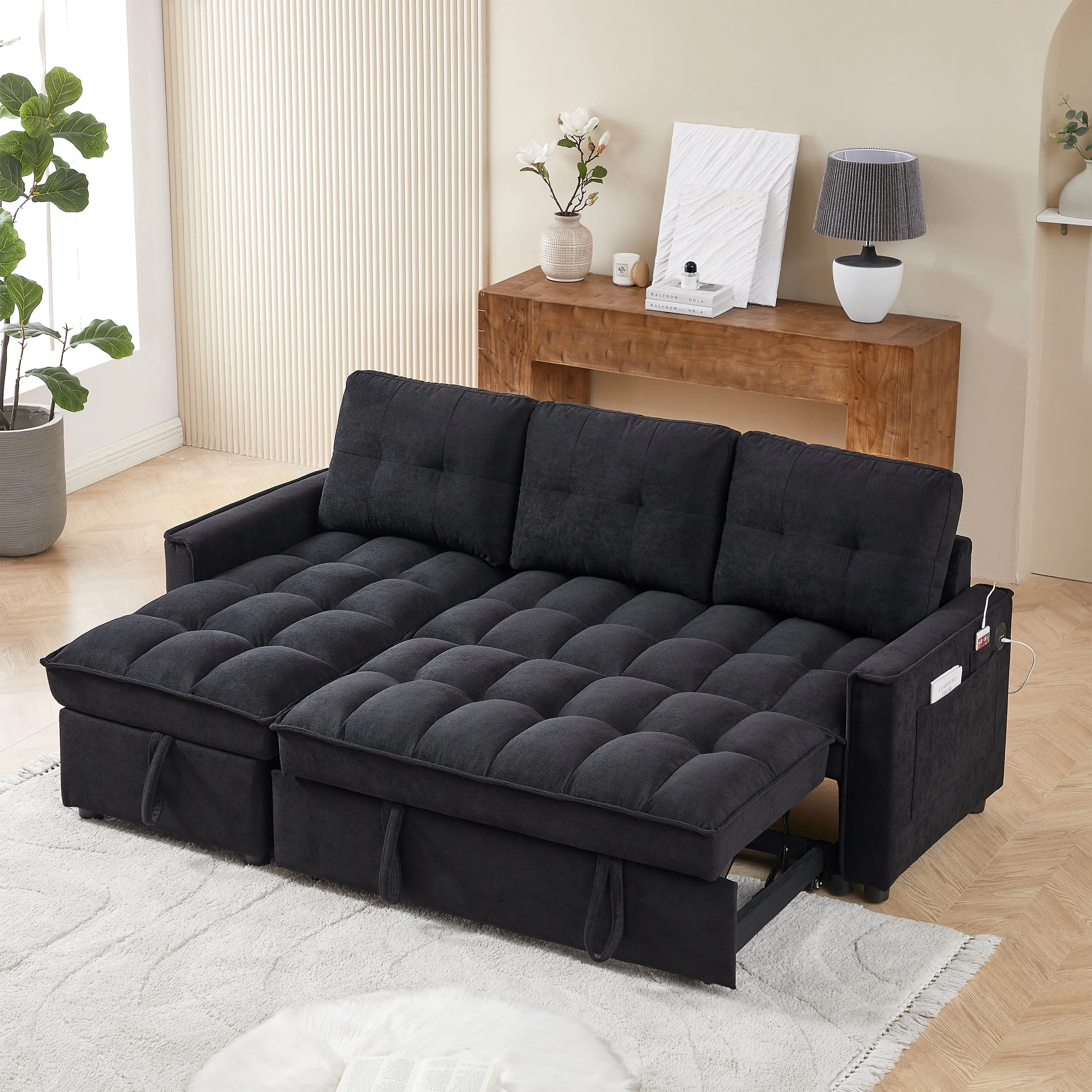 MH 78.75" Reclining Sofa, Pull-Out Sofa Bed with USB and tape-c charging ports, L-Shaped Sectional Sofa with Reclining Storage and Arm Side Organizer Pocket Features, Living Room Comfort Sofa