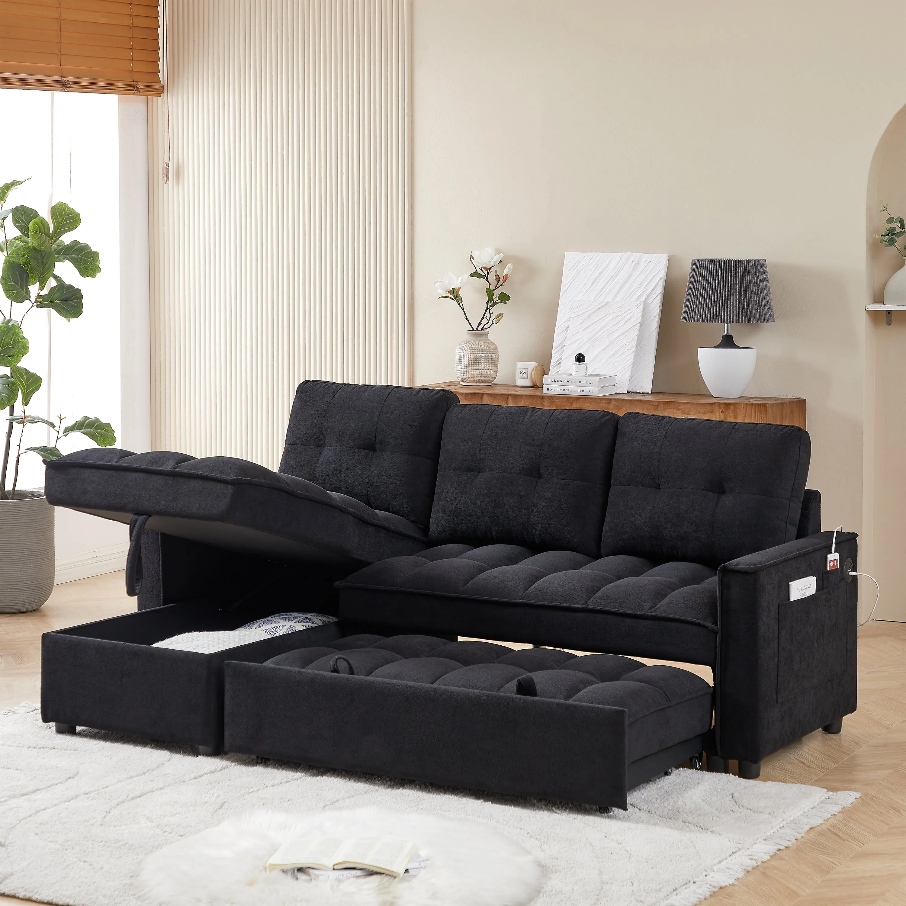 MH 78.75" Reclining Sofa, Pull-Out Sofa Bed with USB and tape-c charging ports, L-Shaped Sectional Sofa with Reclining Storage and Arm Side Organizer Pocket Features, Living Room Comfort Sofa