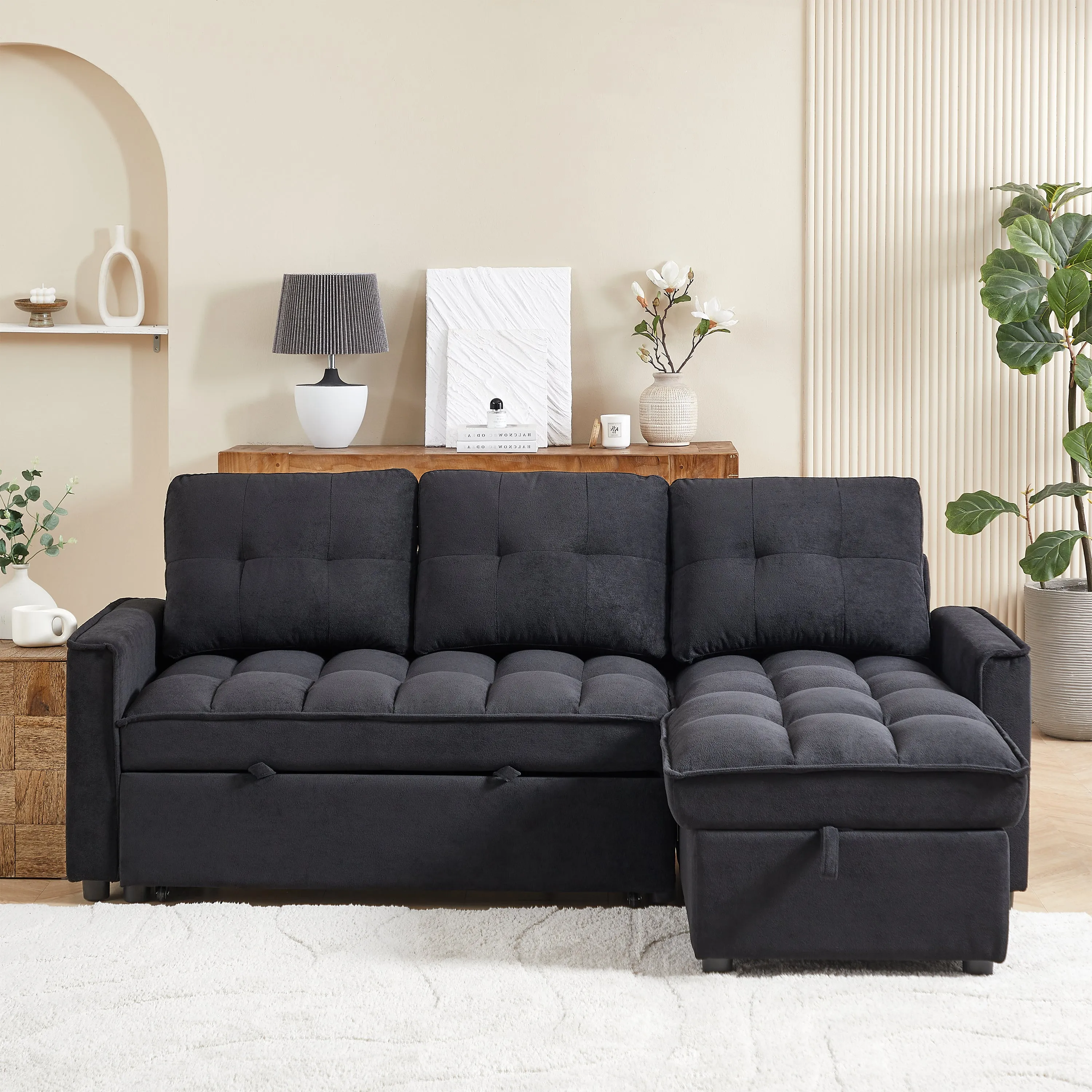MH 78.75" Reclining Sofa, Pull-Out Sofa Bed with USB and tape-c charging ports, L-Shaped Sectional Sofa with Reclining Storage and Arm Side Organizer Pocket Features, Living Room Comfort Sofa