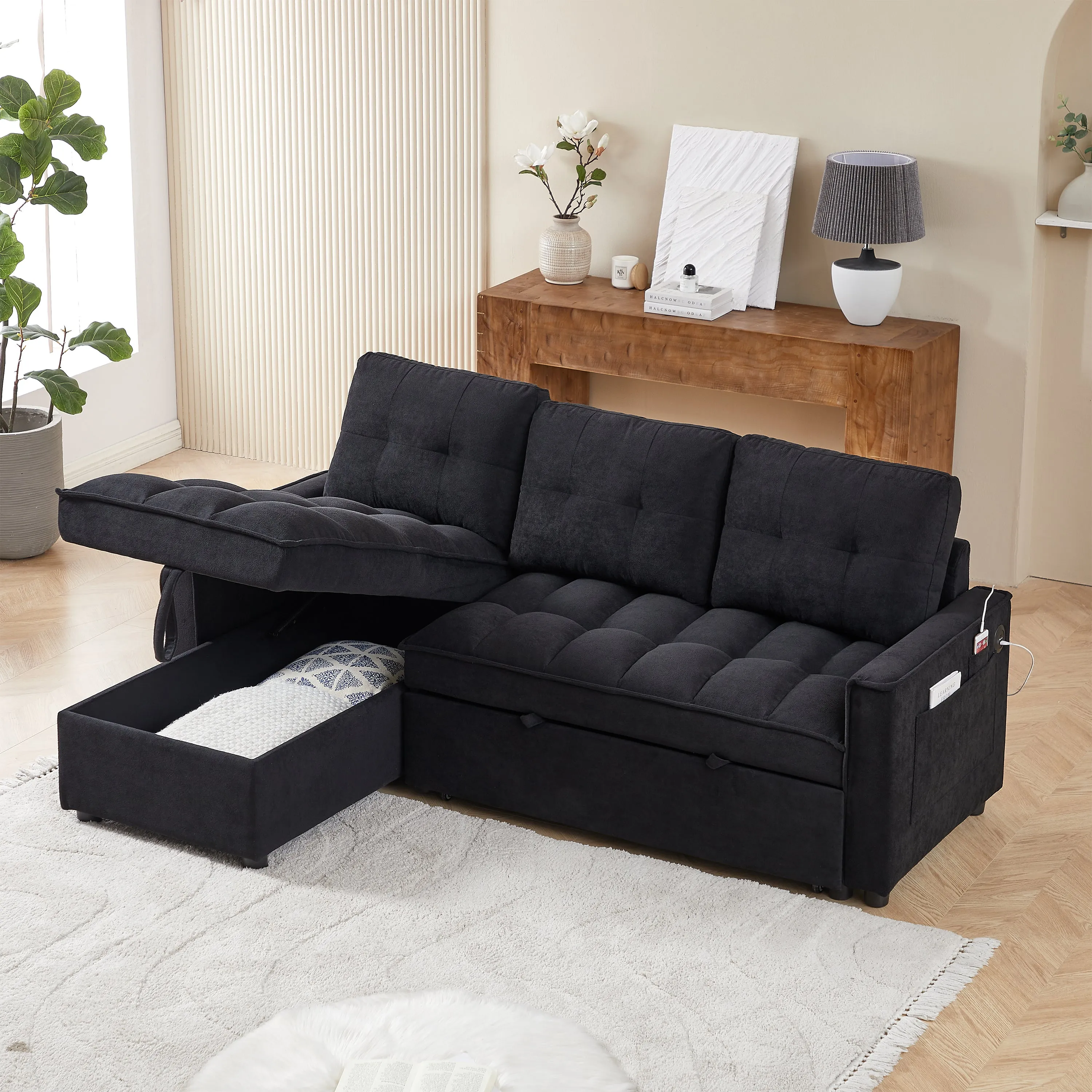 MH 78.75" Reclining Sofa, Pull-Out Sofa Bed with USB and tape-c charging ports, L-Shaped Sectional Sofa with Reclining Storage and Arm Side Organizer Pocket Features, Living Room Comfort Sofa