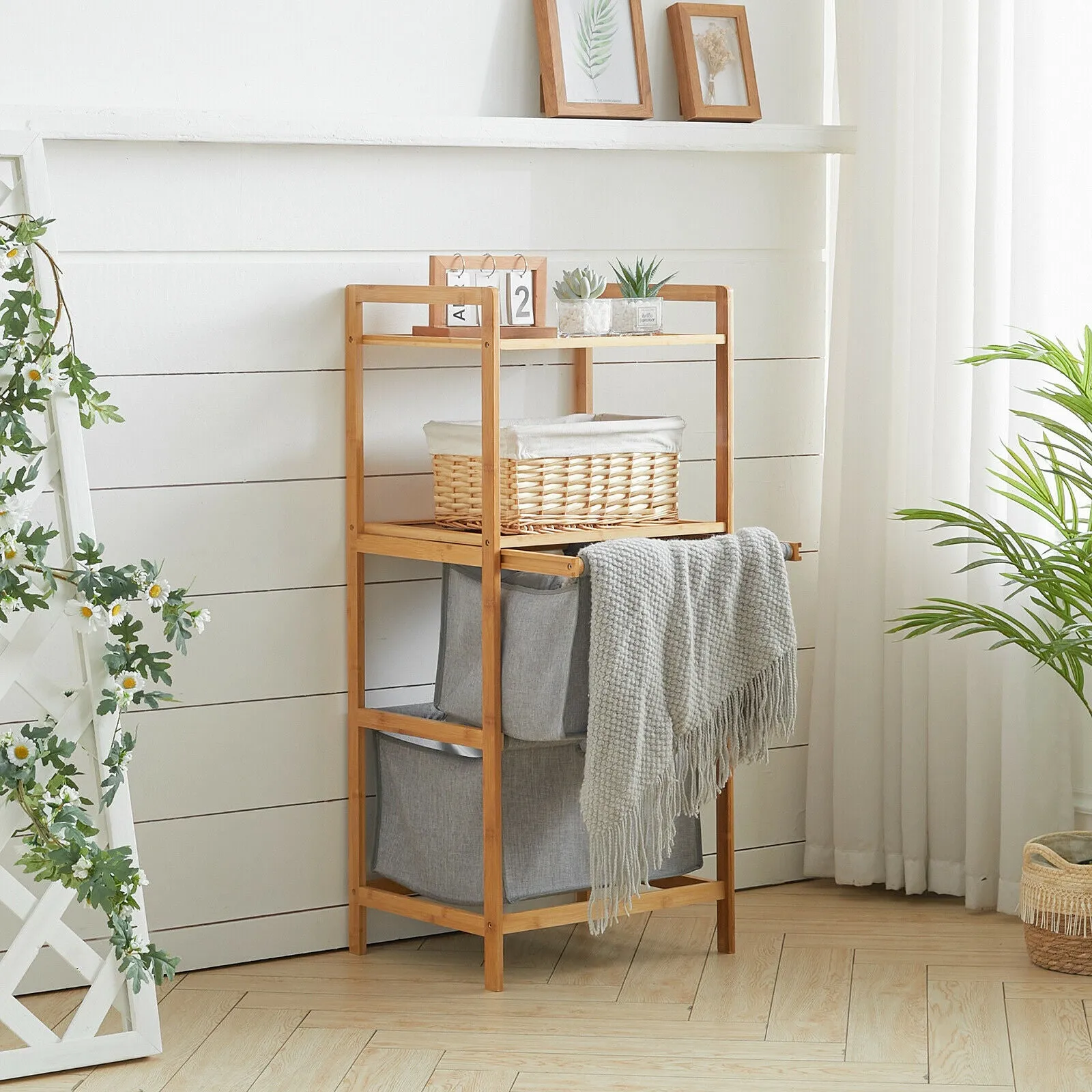 Natural Bamboo 2-Tier Multifunctional 2 Drawer Basket Rack