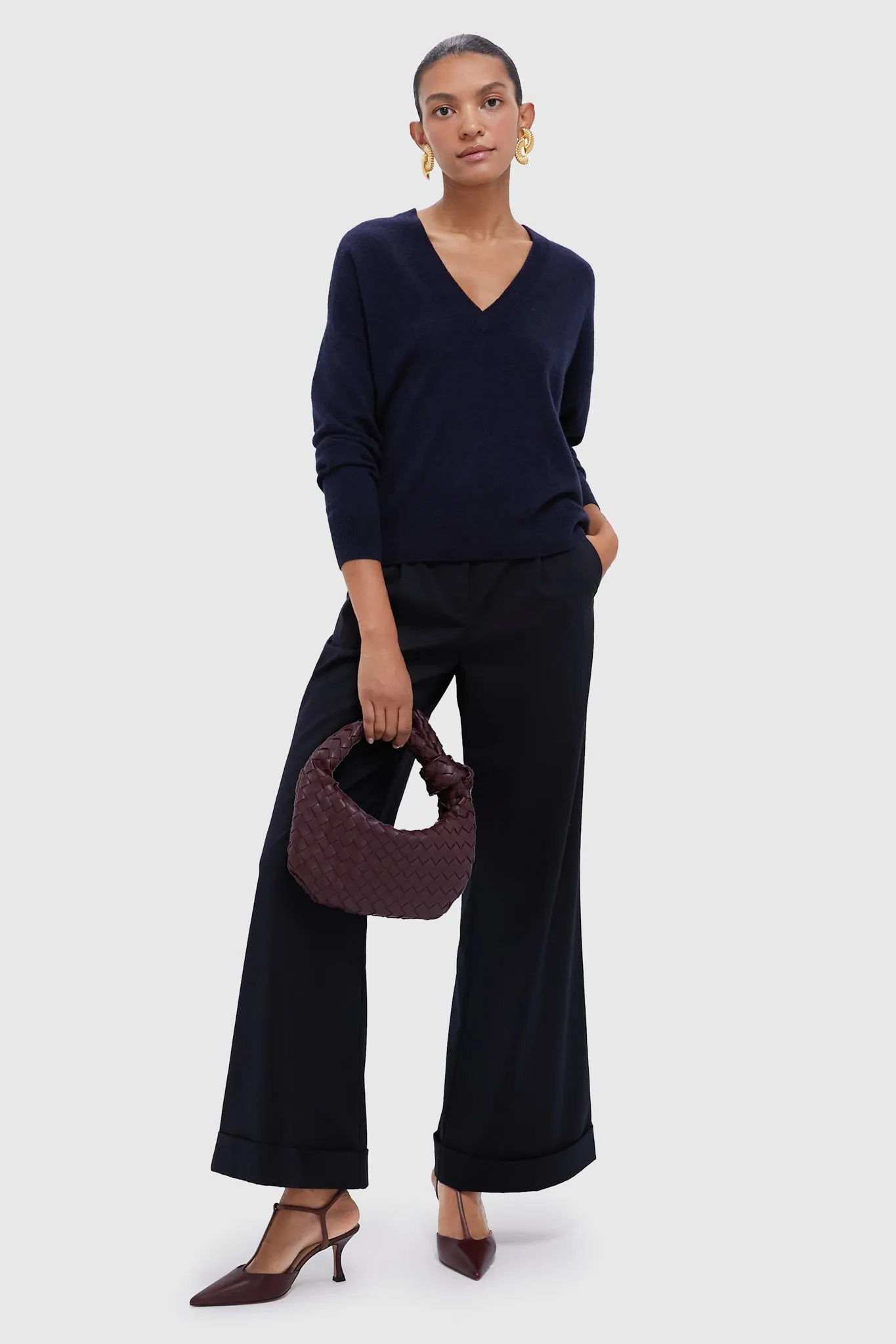 Navy Cashmere Emma V-Neck Boyfriend Sweater