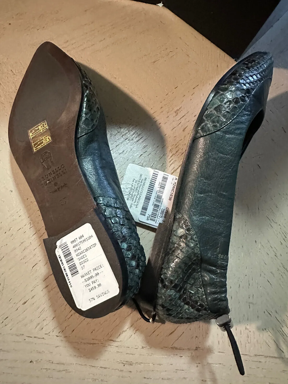 NIB $1095 Brunello Cucinelli Women Python/Leather Ballet Flats Green 7 US/37 Eu