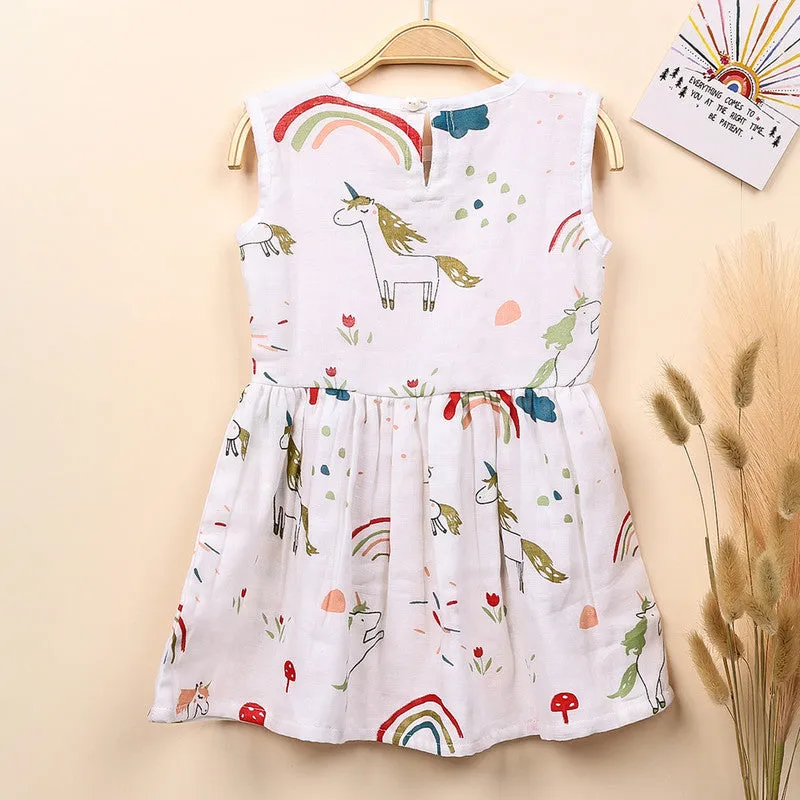 Organic Cotton Muslin Sleevless Frock Dress For Baby | Unicorn | White