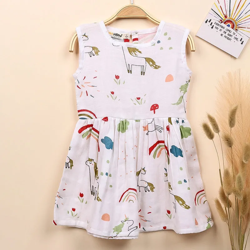 Organic Cotton Muslin Sleevless Frock Dress For Baby | Unicorn | White
