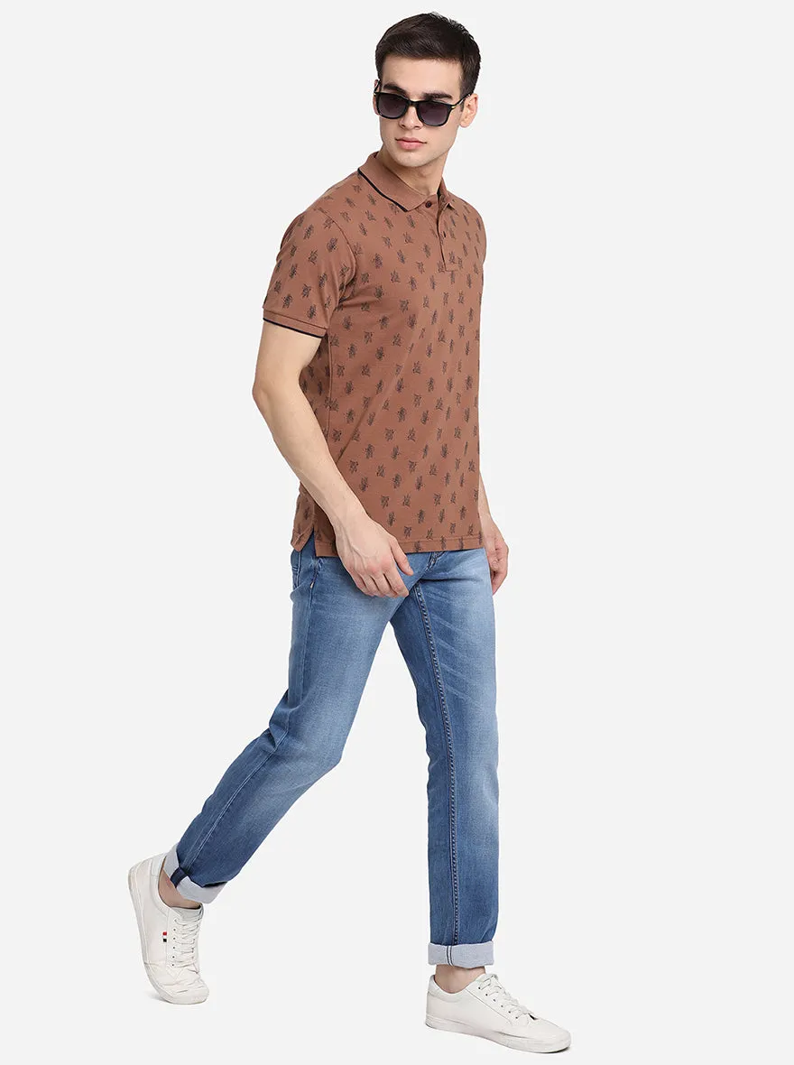 Pecan Brown Printed Slim Fit Polo T-Shirt | Greenfibre