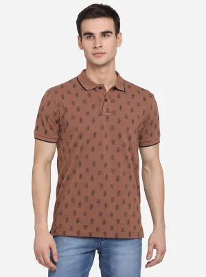 Pecan Brown Printed Slim Fit Polo T-Shirt | Greenfibre